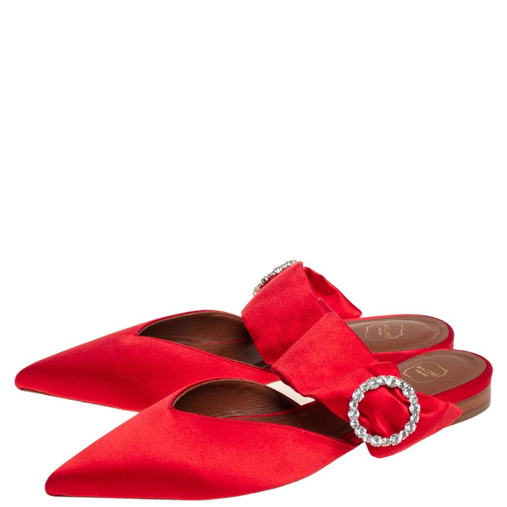 Malone Souliers Red Satin Maite Crystal Buckle Flats Size 36 3