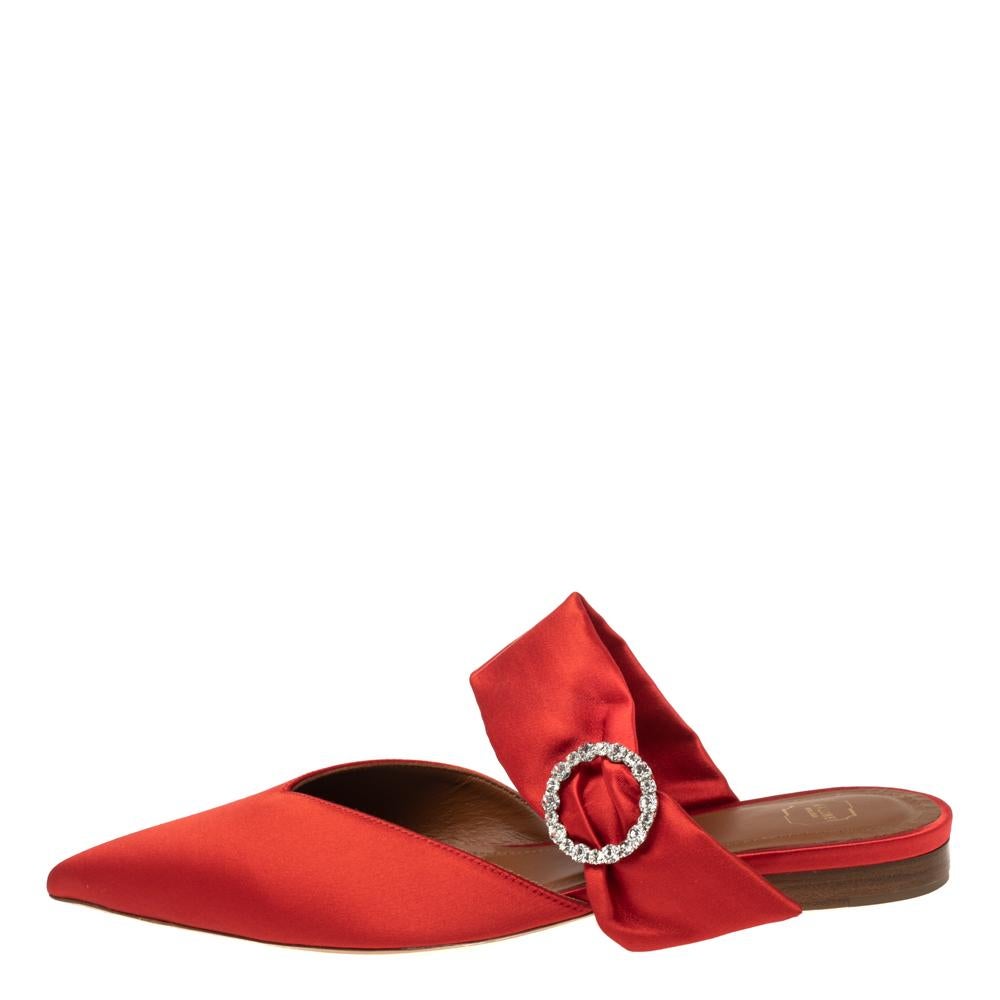 Women's Malone Souliers Red Satin Maite Crystal Buckle Flats Size 40