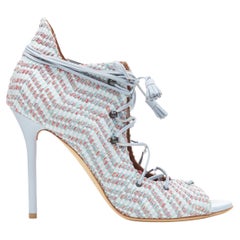 MALONE SOULIERS Savannah sky blue jacquard lace up ankle bootie heel EU40