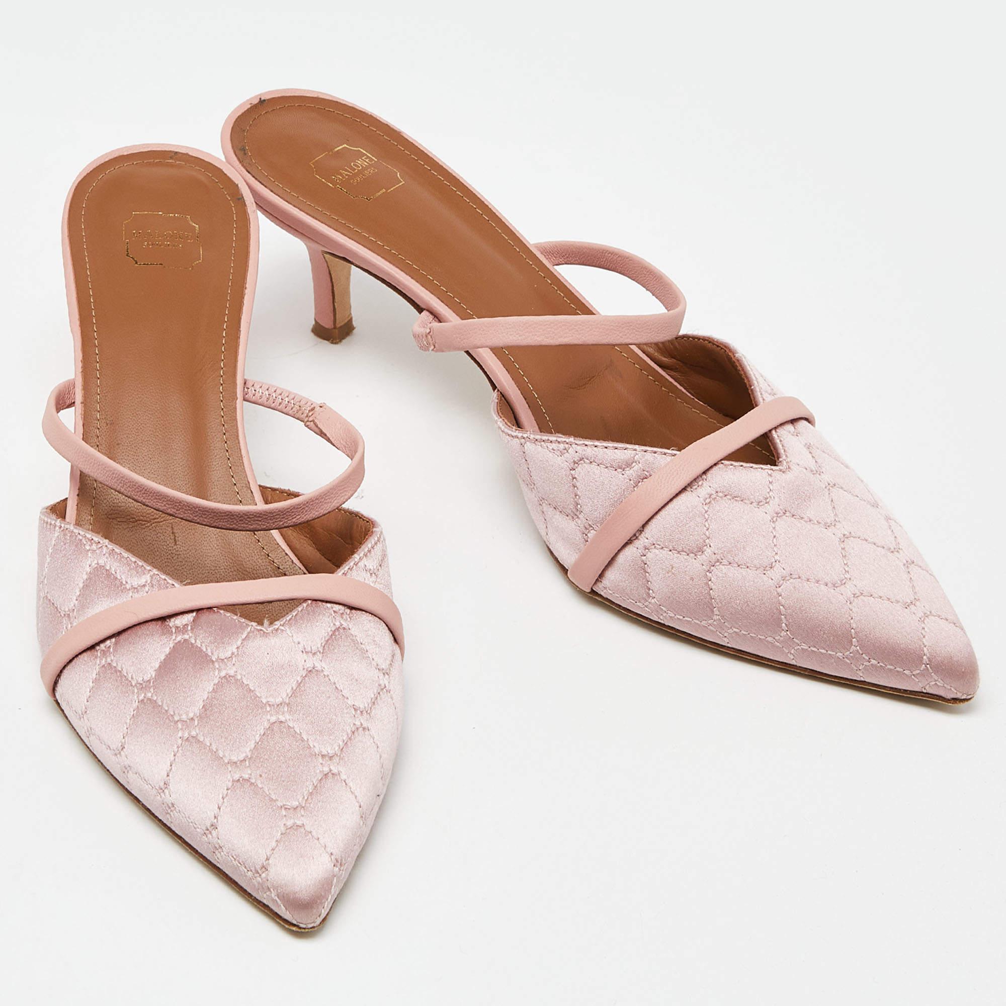 Malone Souliers Two Tone Pink Quilted Satin and Leather Frankie Mules Size 39.5 For Sale 1