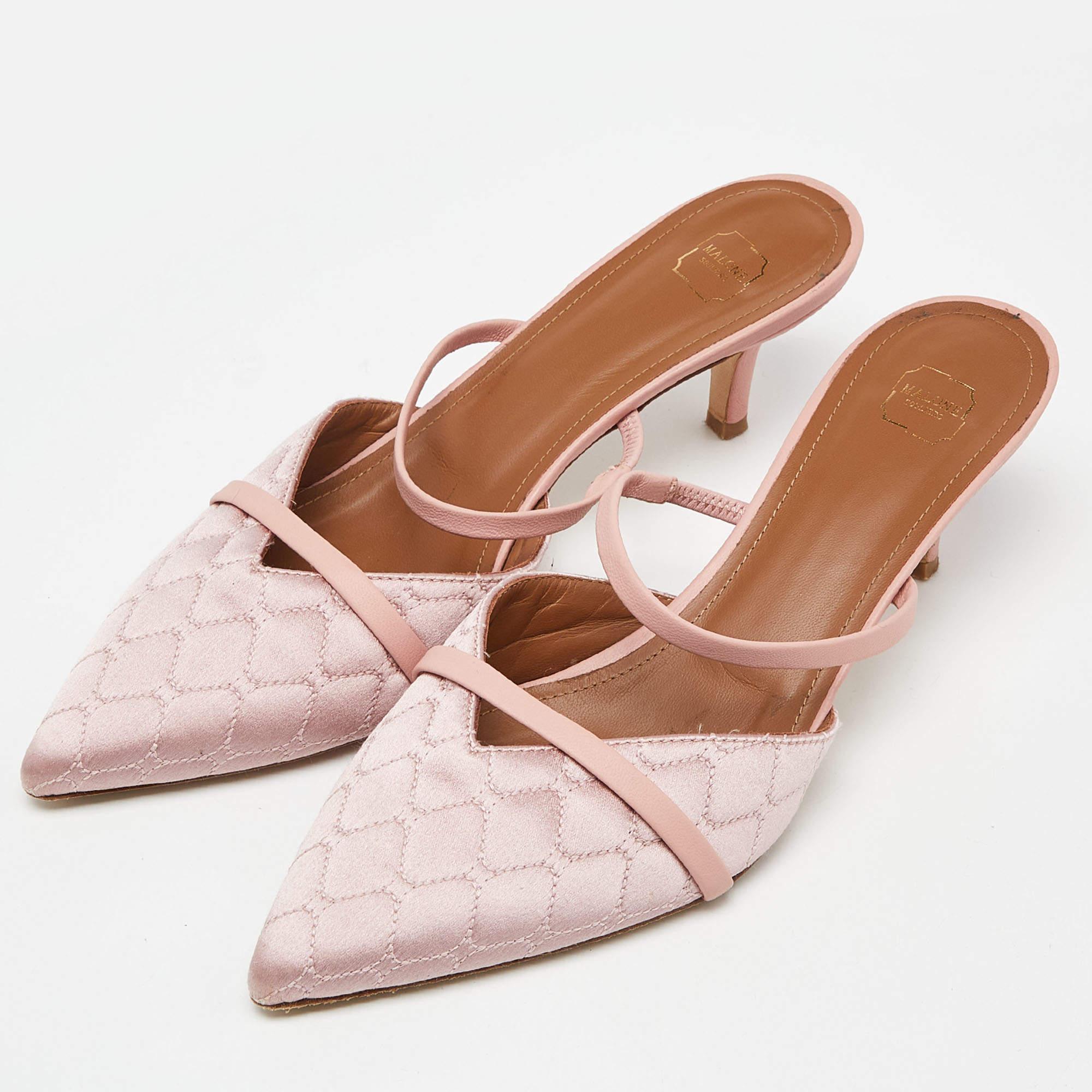 Malone Souliers Two Tone Pink Quilted Satin and Leather Frankie Mules Size 39.5 For Sale 2