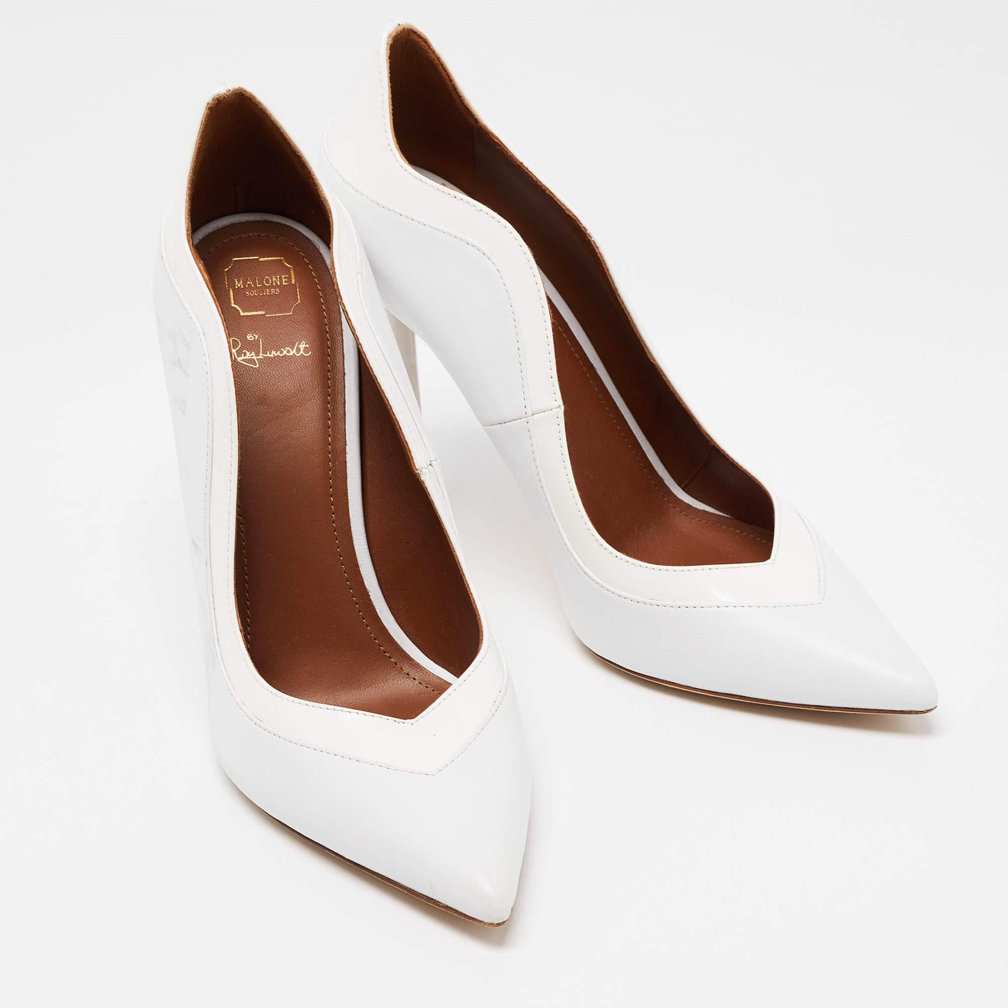 Women's Malone Souliers White Leather and Patent Penelope Pointed Toe Pumps Size 39.5 For Sale