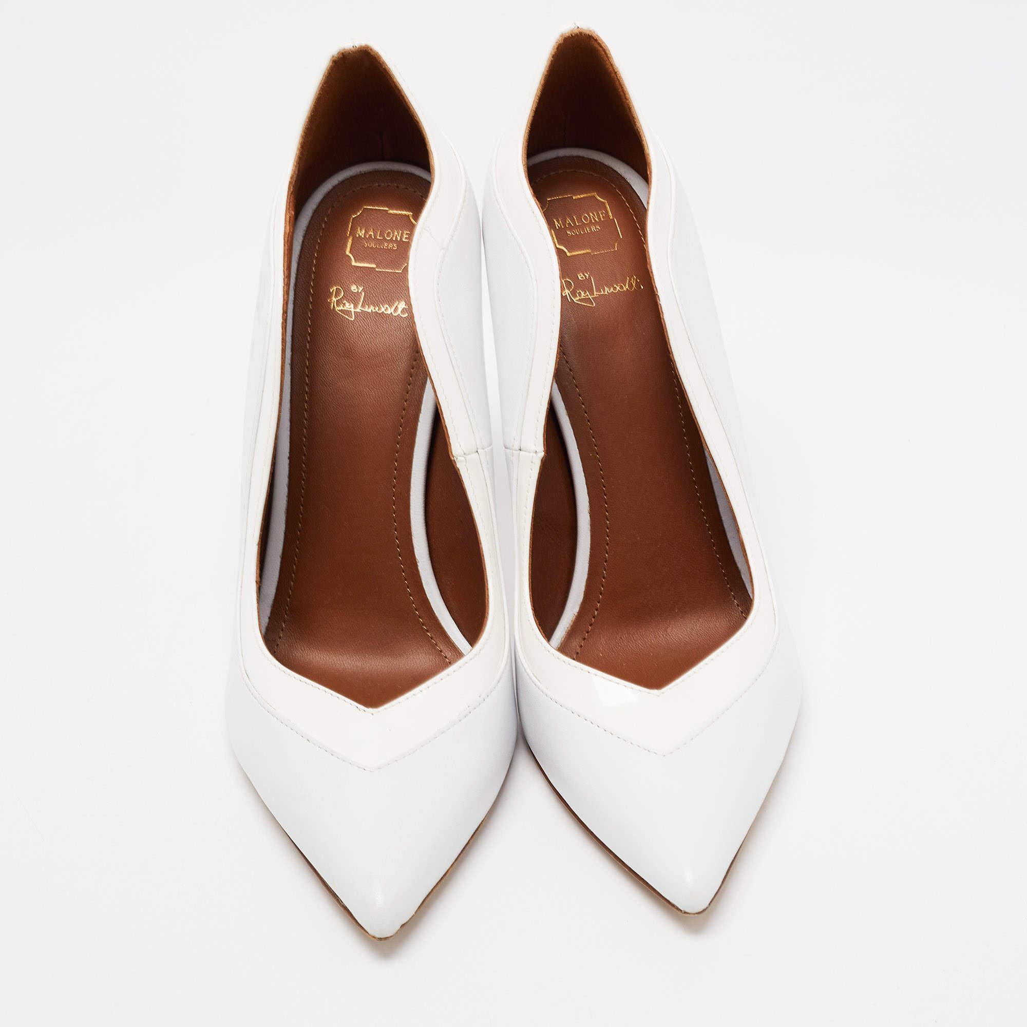 Malone Souliers White Leather and Patent Penelope Pointed Toe Pumps Size 39.5 For Sale 1