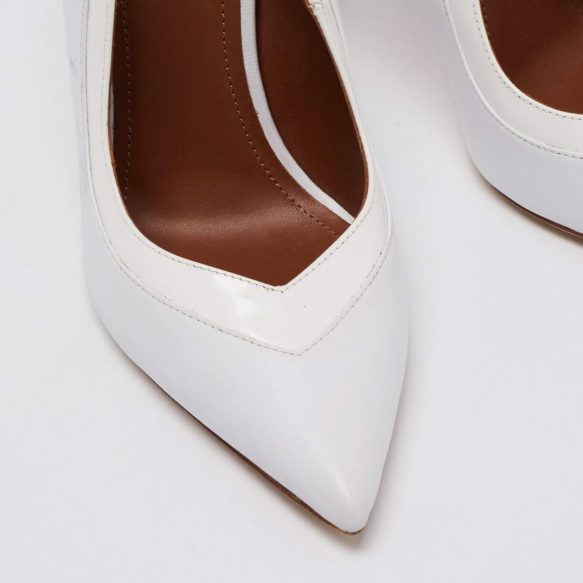 Malone Souliers White Leather and Patent Penelope Pointed Toe Pumps Size 39.5 For Sale 2