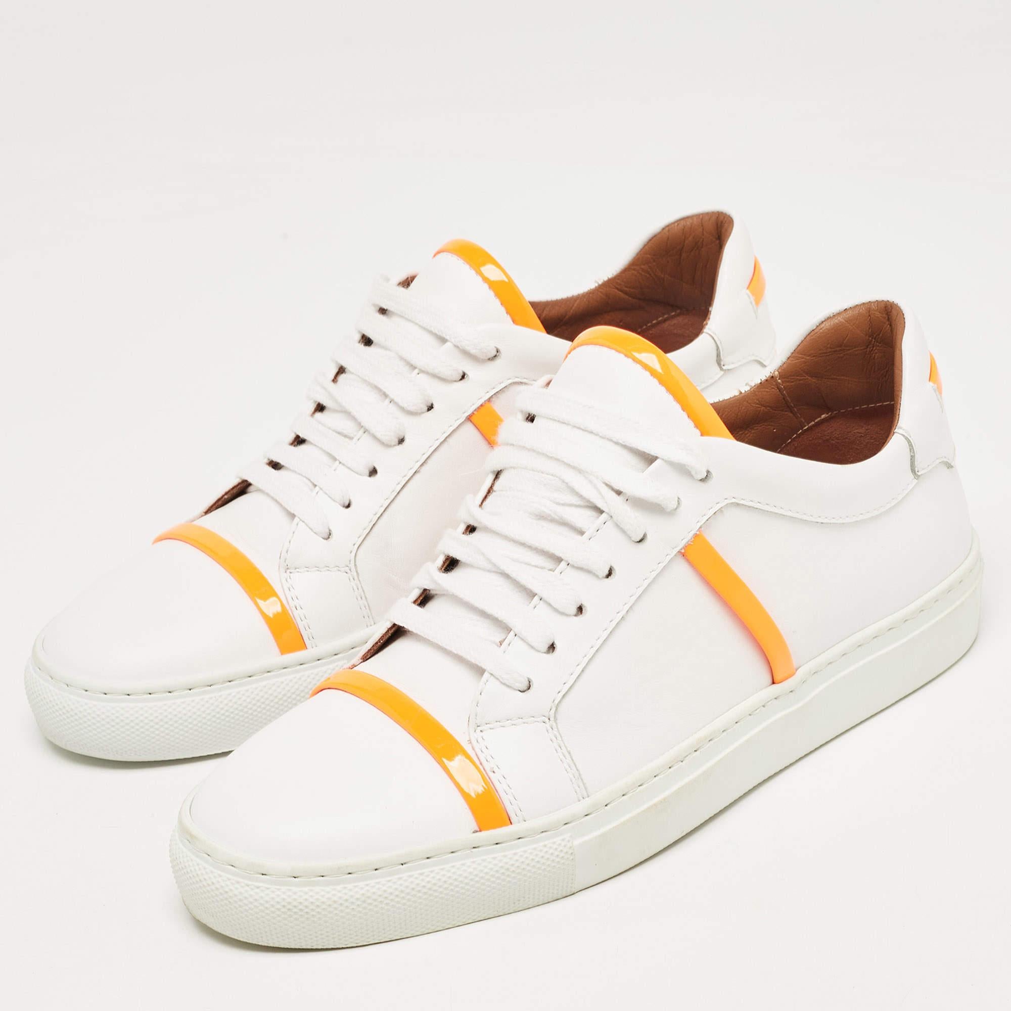 Malone Souliers White/Neon Orange Leather and Patent Deon Sneakers Size 37 In Excellent Condition For Sale In Dubai, Al Qouz 2