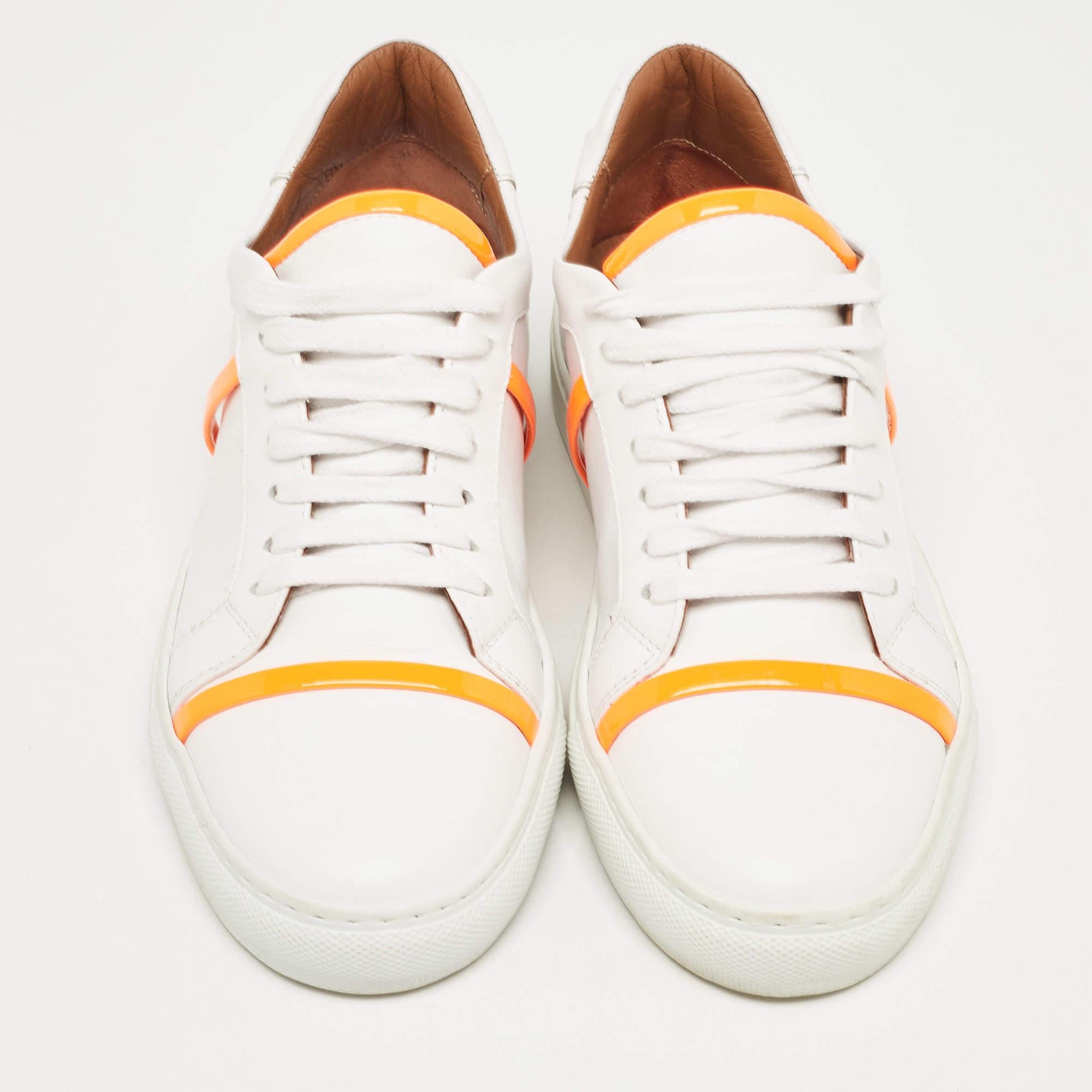 Malone Souliers White/Neon Orange Leather and Patent Deon Sneakers Size 37 For Sale 3