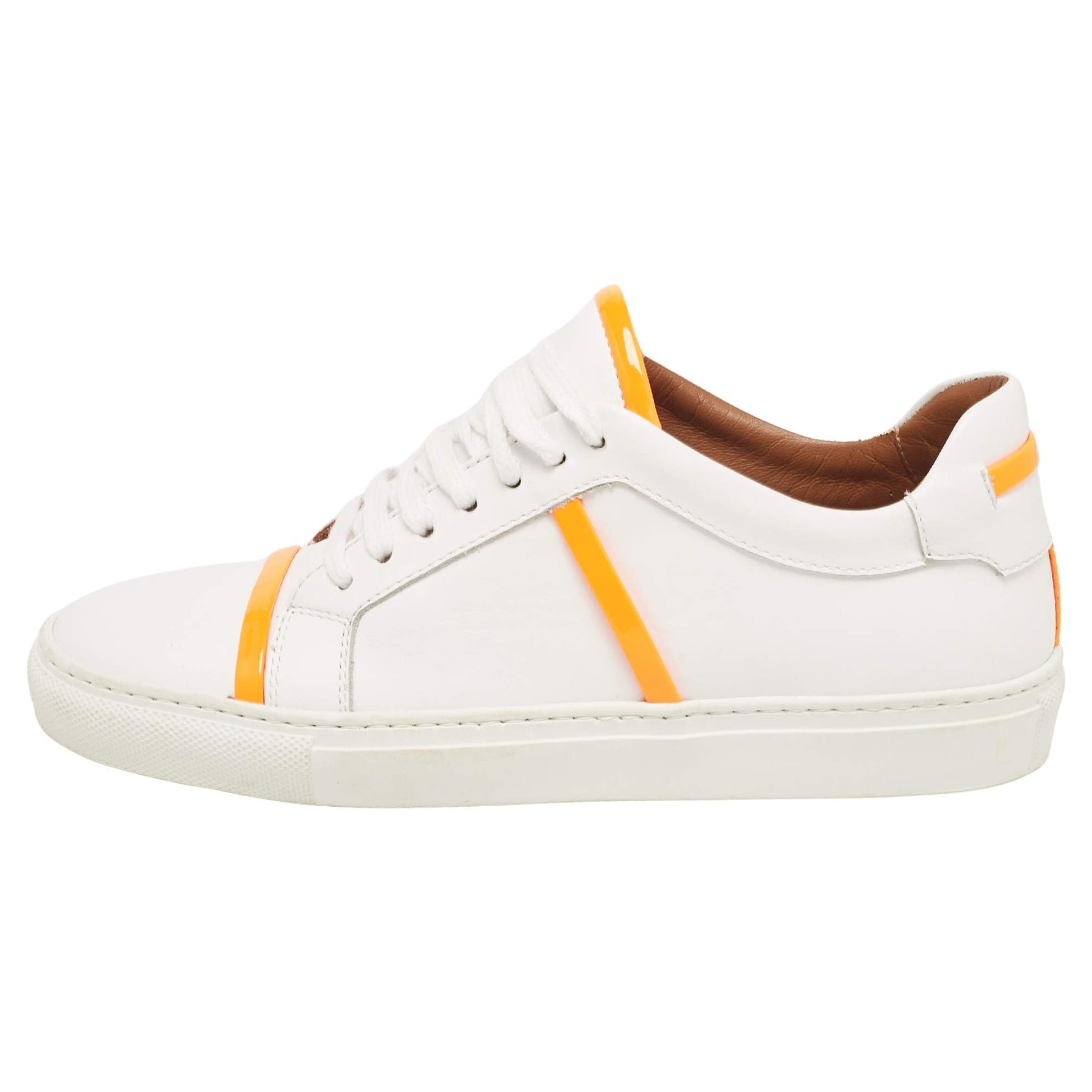 Malone Souliers White/Neon Orange Leather and Patent Deon Sneakers Size 37 For Sale