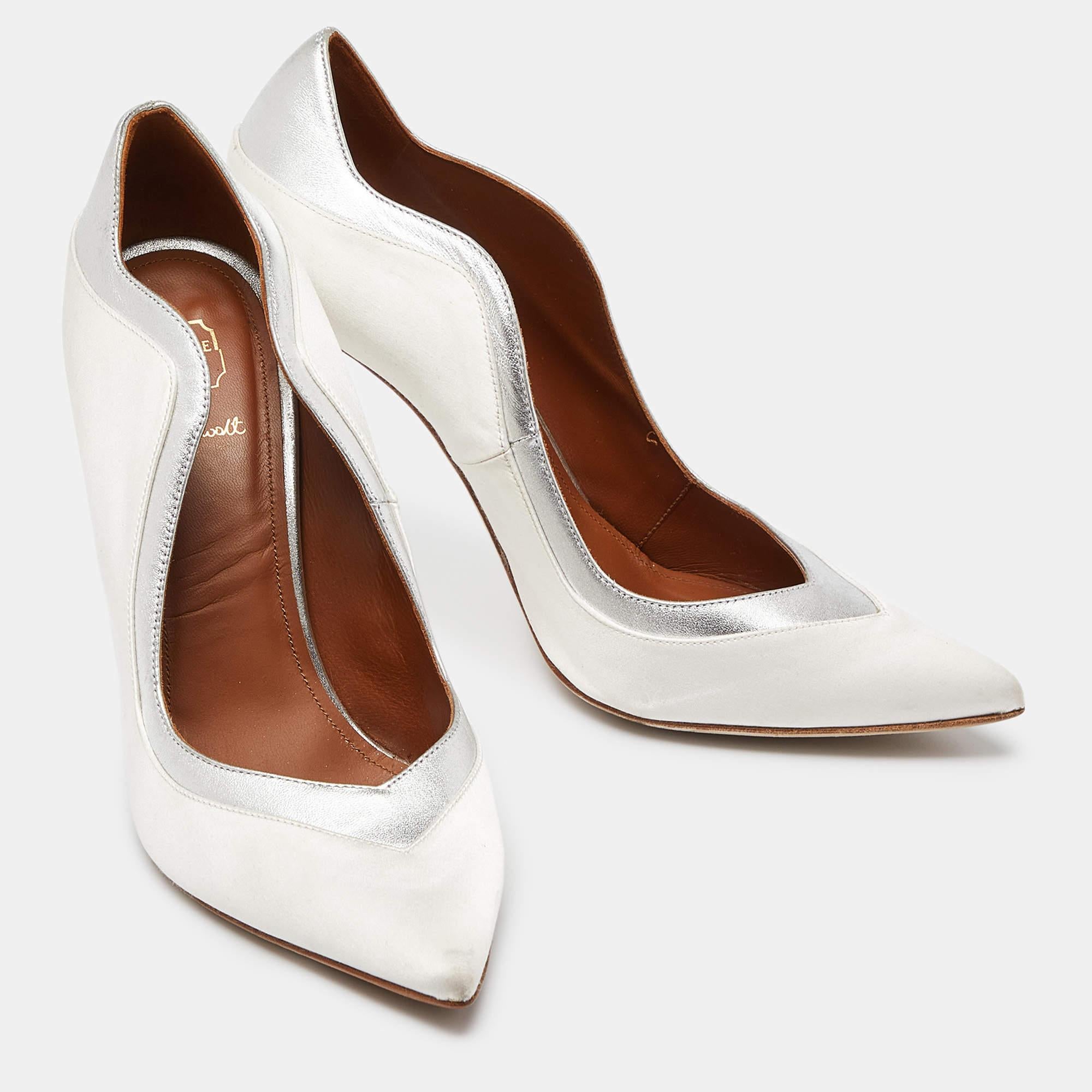 Malone Souliers White Satin Pointed Toe Pumps Size 39.5 In Good Condition For Sale In Dubai, Al Qouz 2
