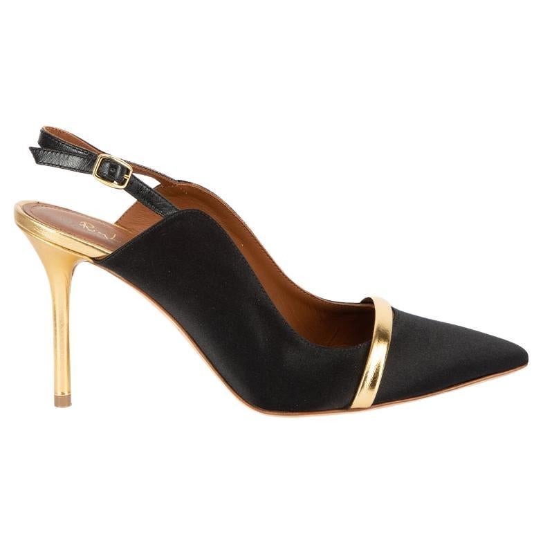 Malone Souliers Women's Black Satin Gold Accent Slingback Heels