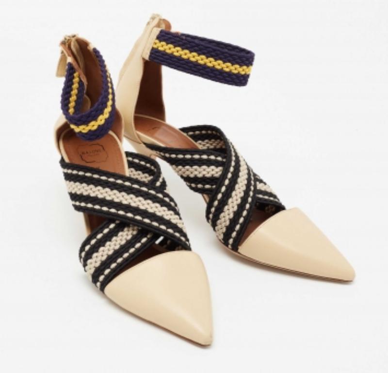 Beige Malone Souliers x Roksanda Leather Dana Criss Cross Ankle-Strap Pumps Size 39 For Sale