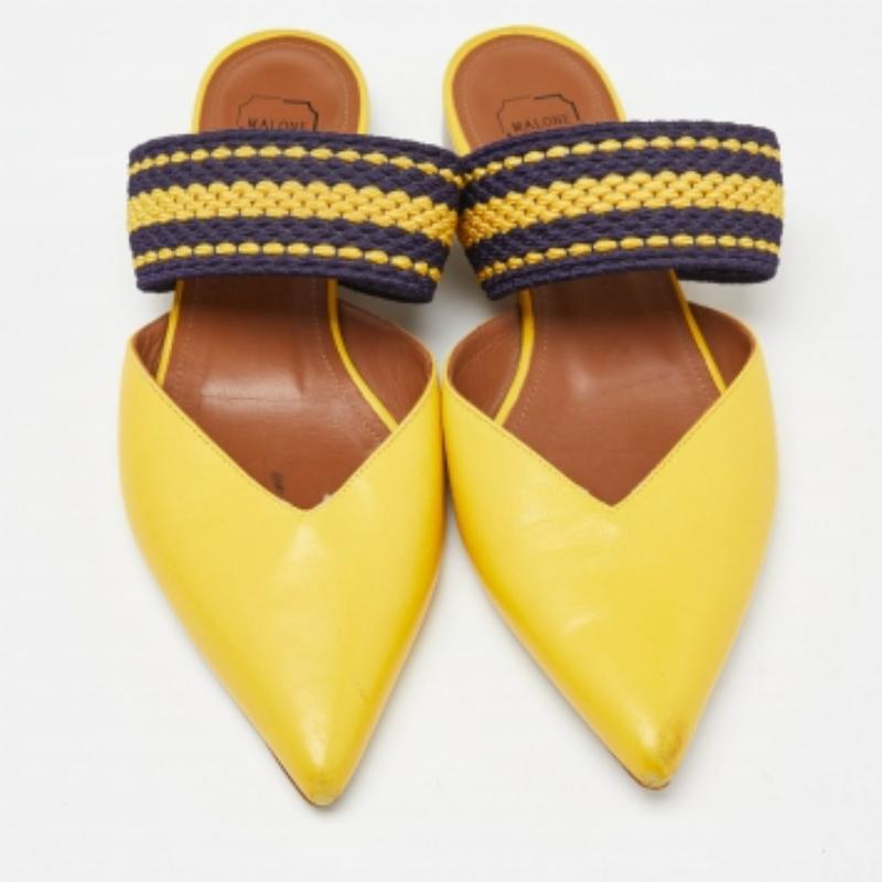 Jaune Malone Souliers Mules plates Maisie en cuir et tissu jaune taille 37 en vente