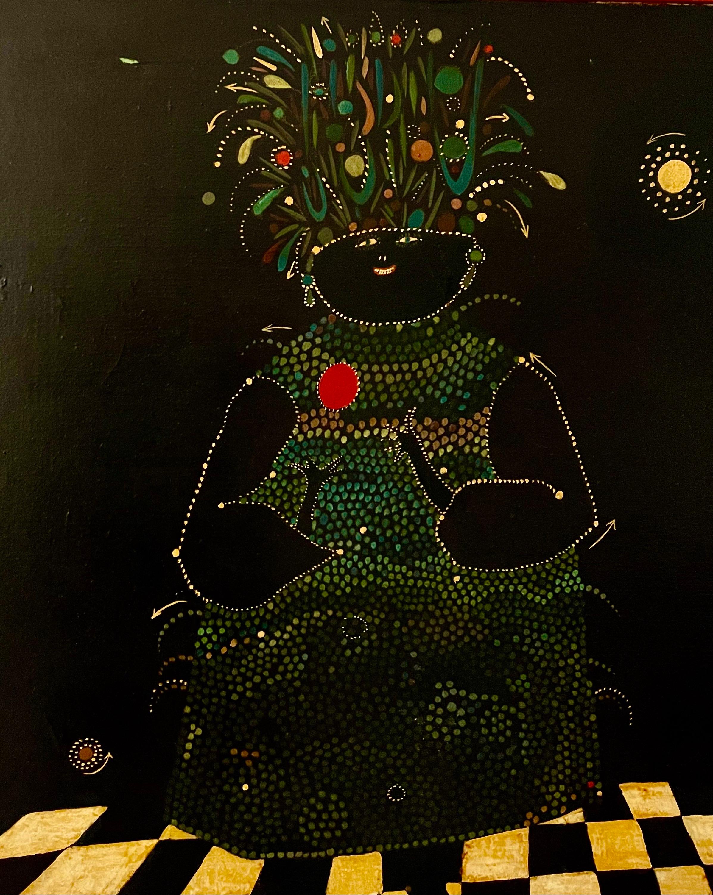 Alabama Pintura al óleo de arte popular surrealista Mujer afroamericana, tocado de flores - Portrait Painting Negro de Maltby Sykes
