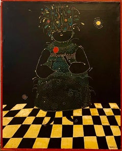 Alabama Pintura al óleo de arte popular surrealista Mujer afroamericana, tocado de flores