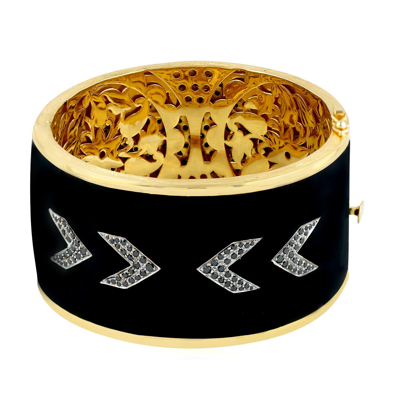 Art Nouveau Maltese Cross Made By Black Diamond On Black enamel Cuff Made In 18k Yellow Gold For Sale