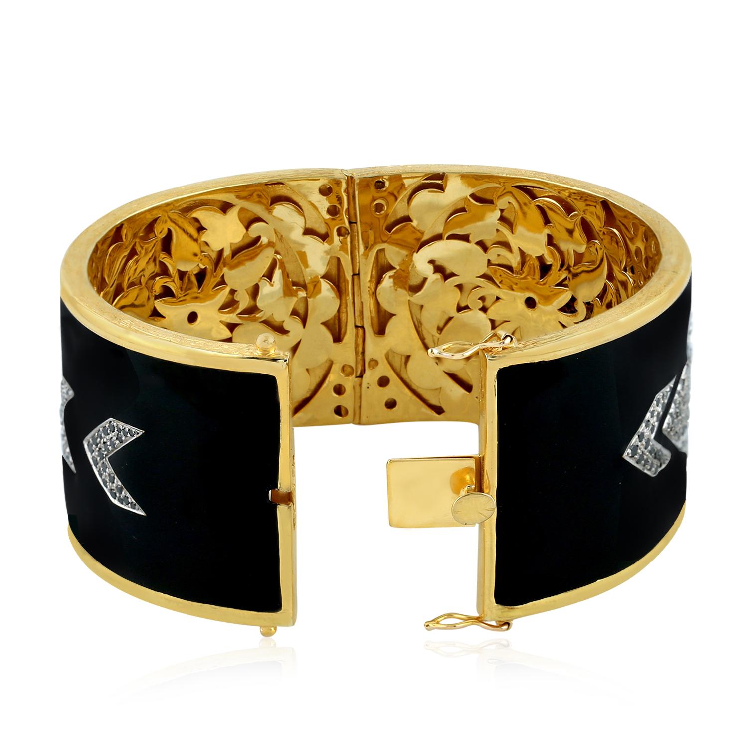 Mixed Cut Maltese Cross Made By Black Diamond On Black enamel Cuff Made In 18k Yellow Gold For Sale