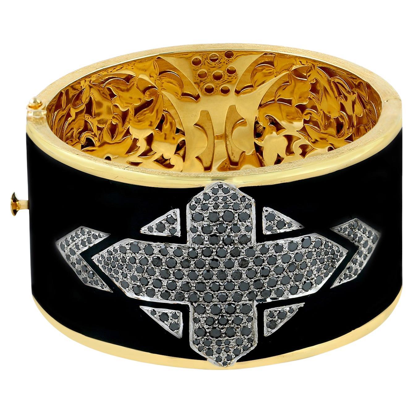 Maltese Cross Made By Black Diamond On Black enamel Cuff Made In 18k Yellow Gold For Sale