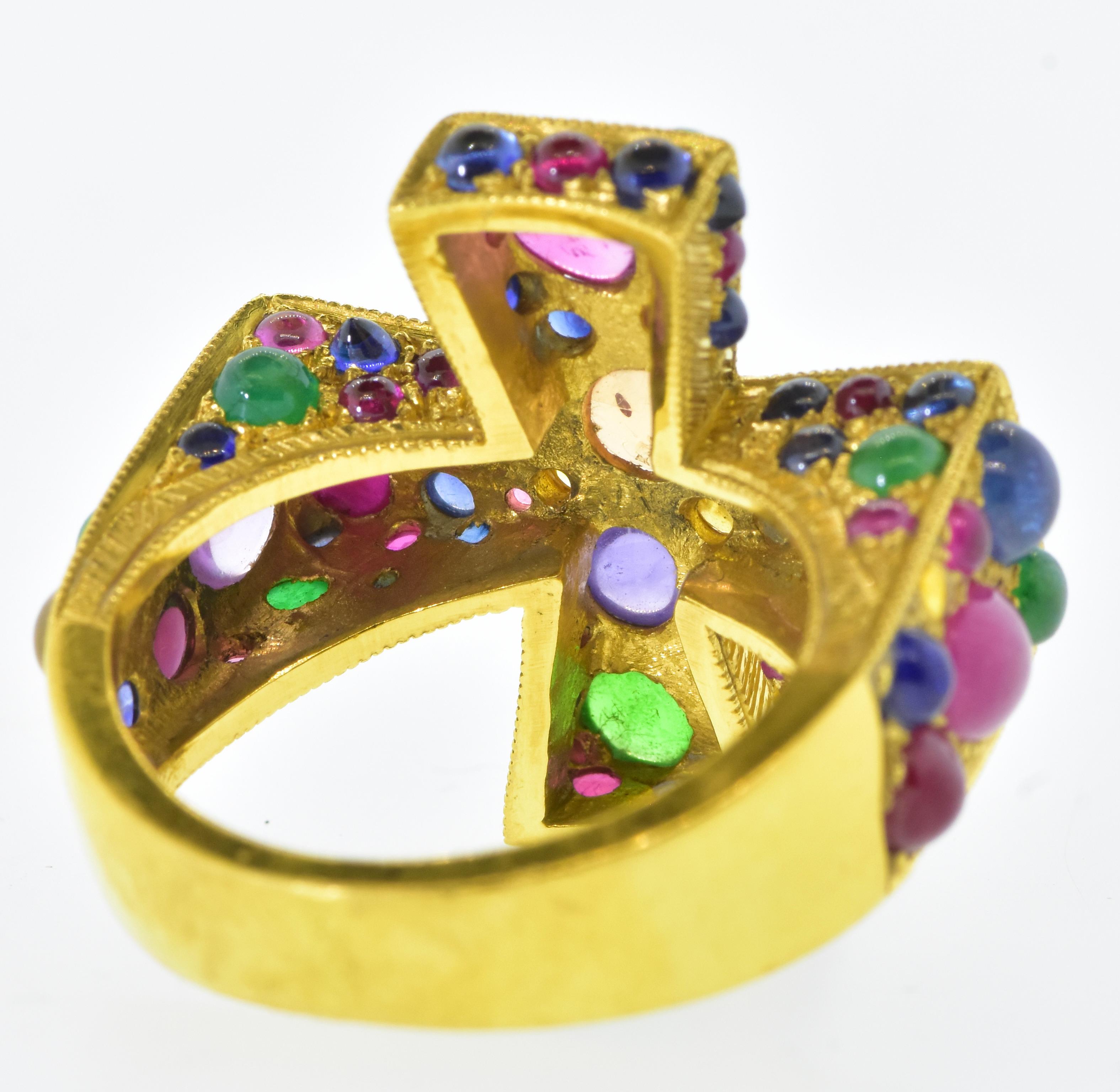 Contemporary Maltese Cross Ring Studded with Sapphires, Rubies and Emeralds, Fairchild & Co.