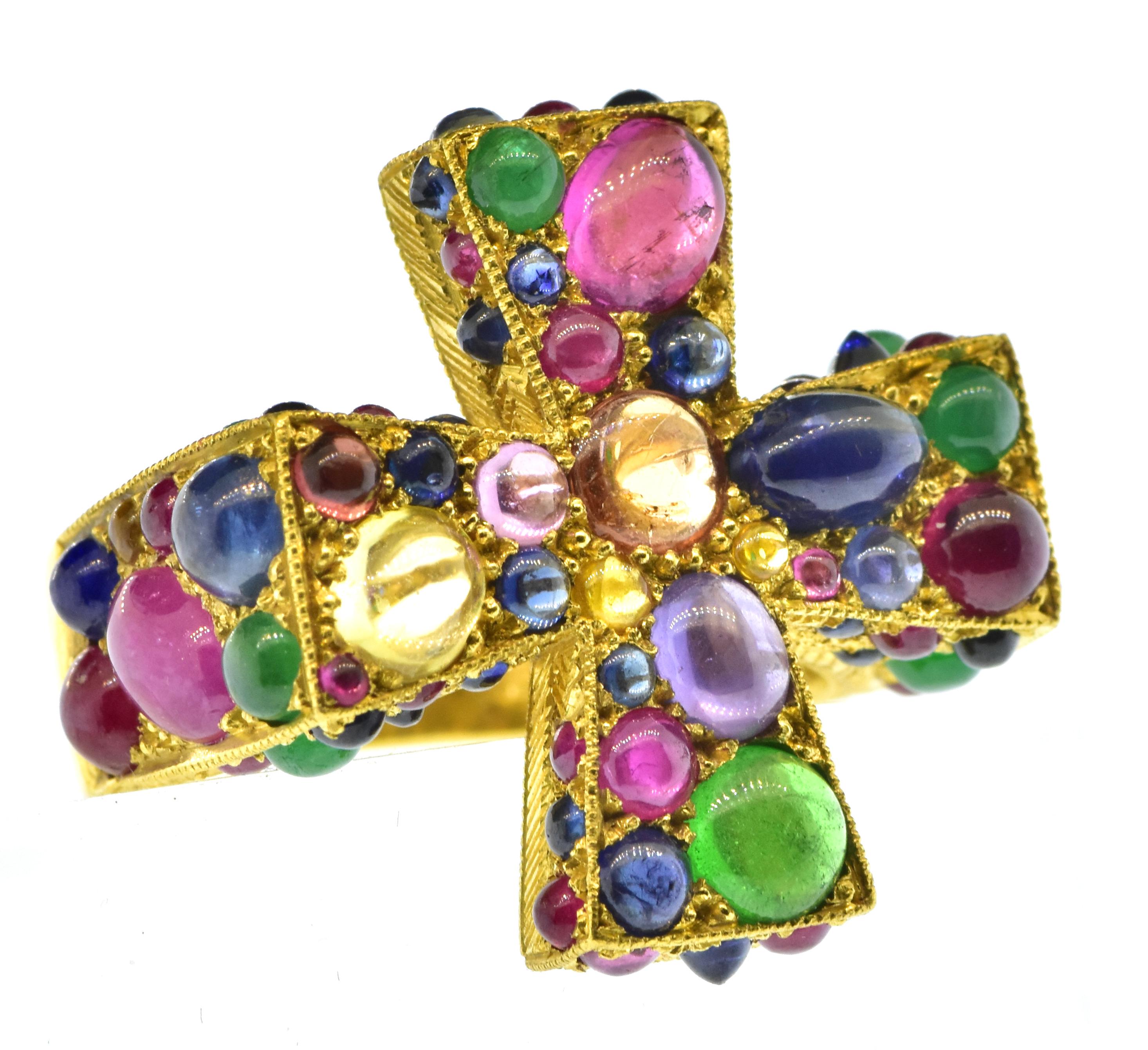 Maltese Cross Ring Studded with Sapphires, Rubies and Emeralds, Fairchild & Co. In Excellent Condition In Aspen, CO