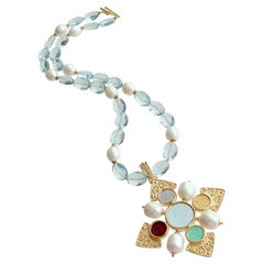 Maltese Intaglio Pendant, Aqua Quartz and Pearls Necklace, Catania II Necklace