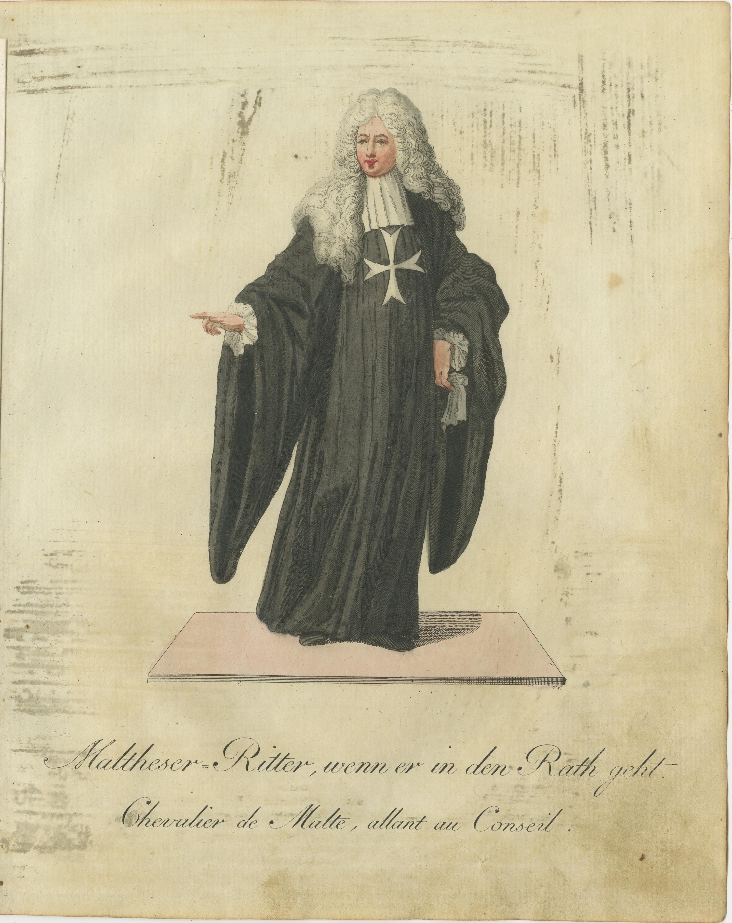 Maltese Knight Attending Council: 1791 Hand-Colored Engraving in Ceremonial Robes  

This elegant hand-colored engraving, titled 