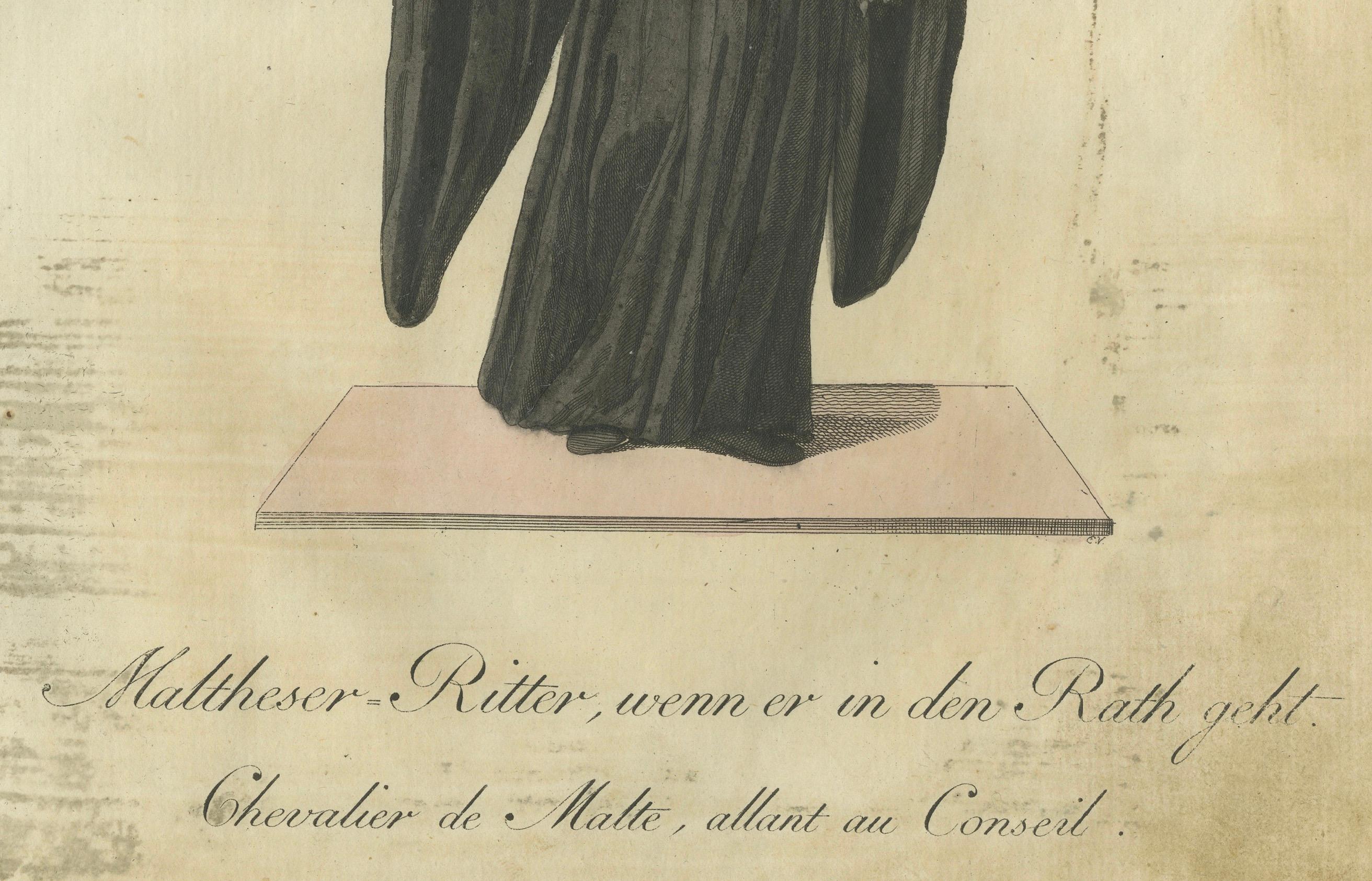 Engraved Maltese Knight Attending Council: 1791 Colored Engraving in Ceremonial Robes For Sale