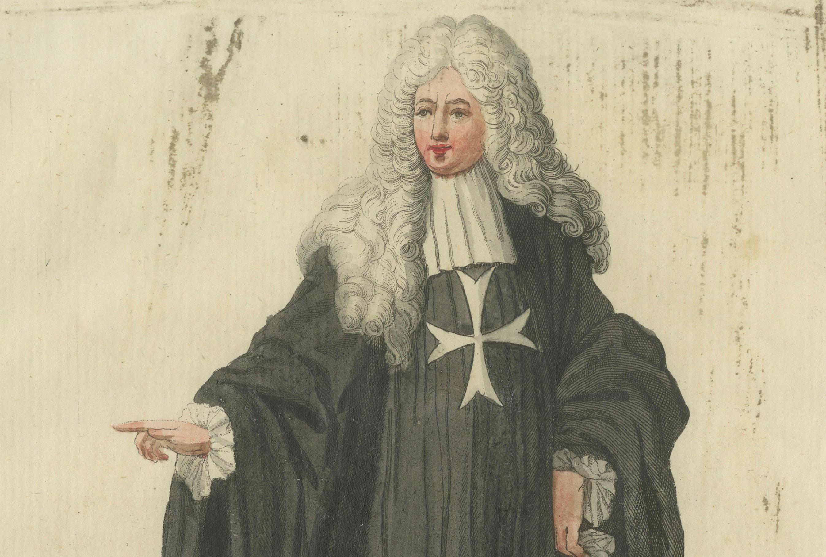 Maltese Knight Attending Council: 1791 Colored Engraving in Ceremonial Robes In Fair Condition For Sale In Langweer, NL