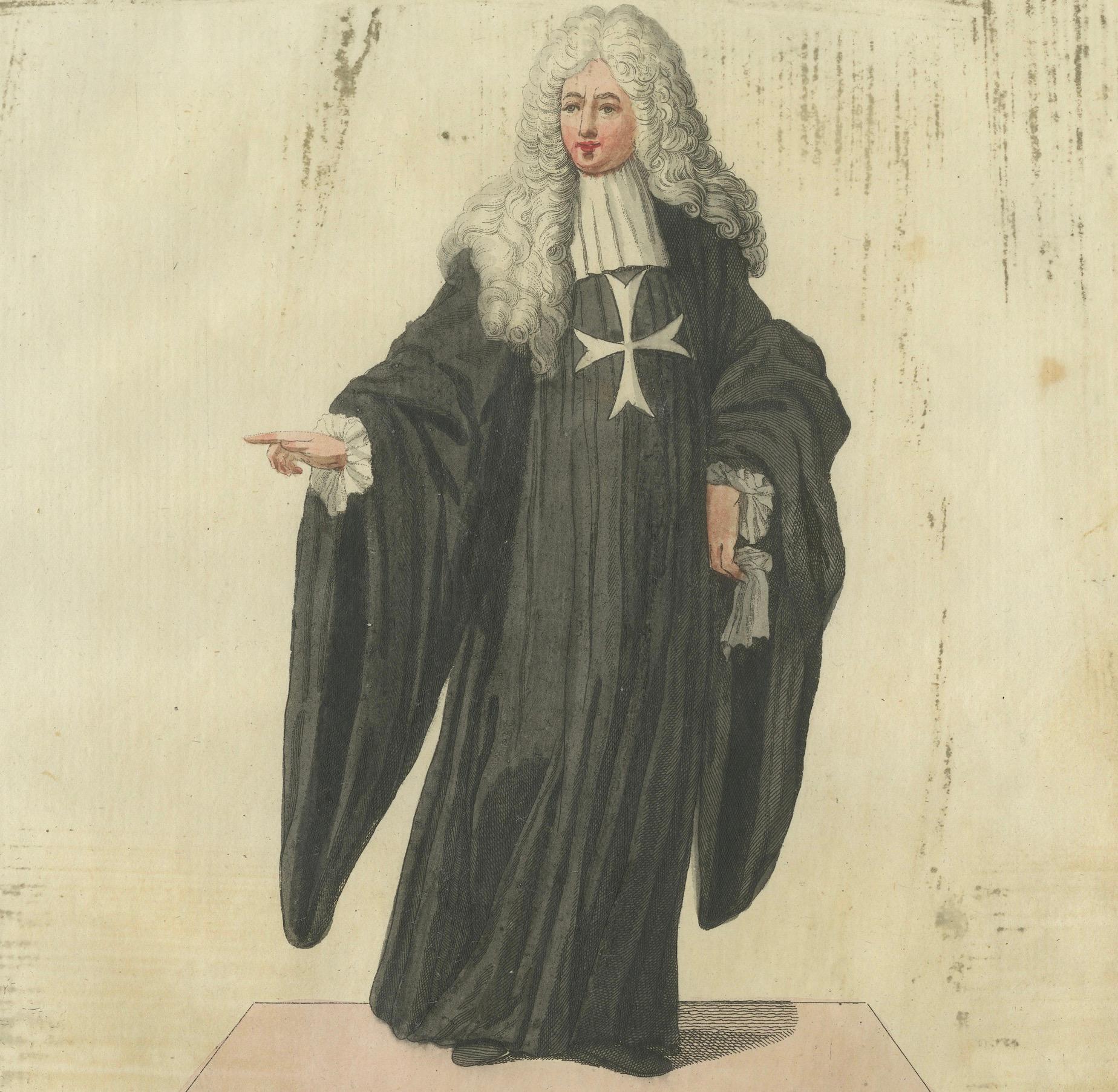 Paper Maltese Knight Attending Council: 1791 Colored Engraving in Ceremonial Robes For Sale