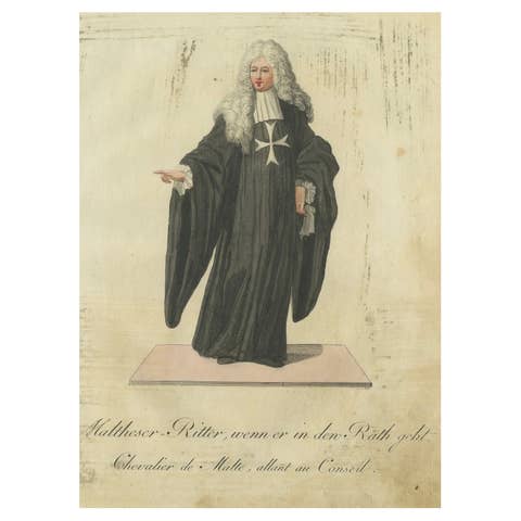 Maltese Knight Attending Council: 1791 Colored Engraving in Ceremonial Robes