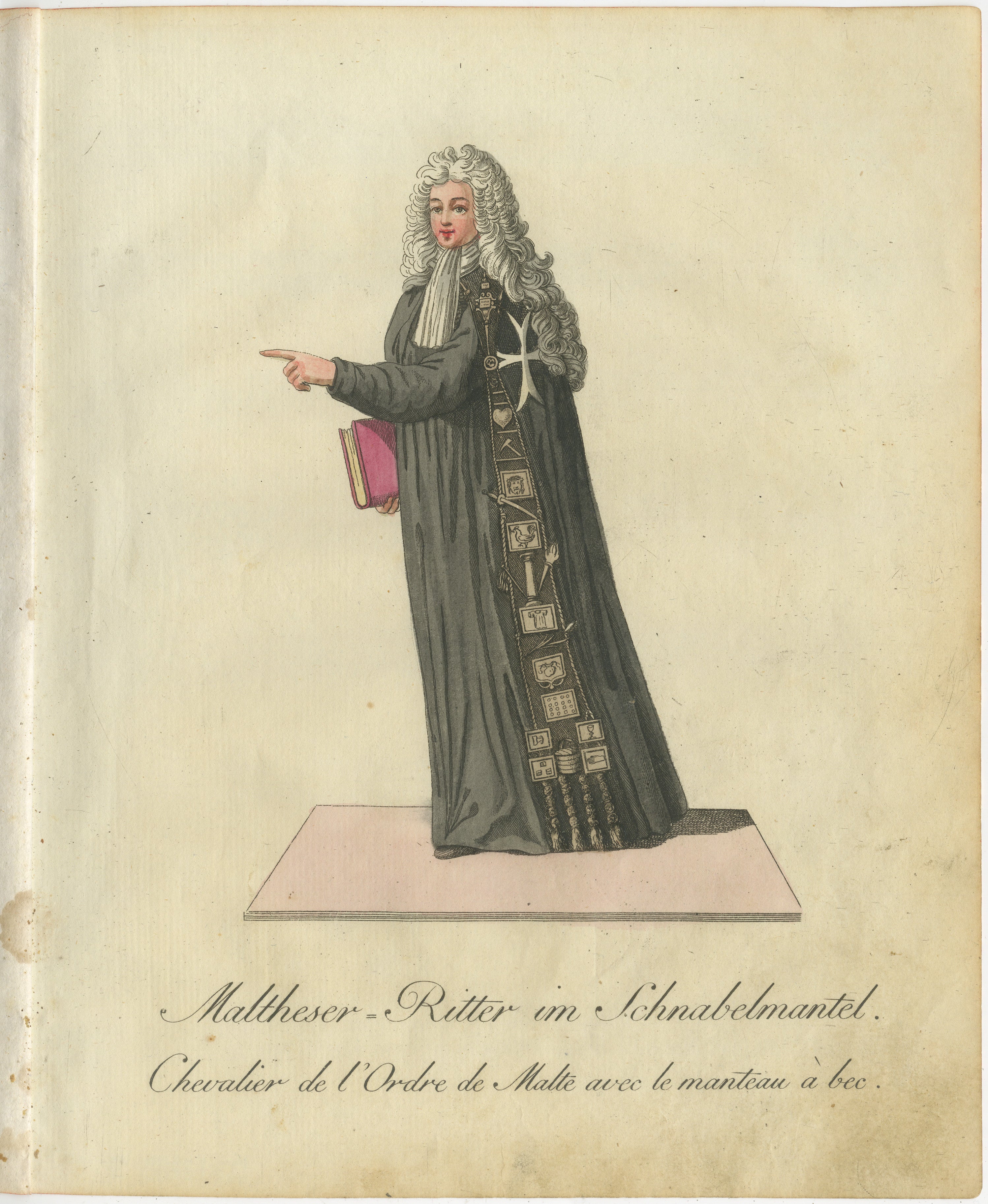 Maltese Knight in Beaked Cloak: 1791 Hand-Colored Engraving of Ceremonial Dress  

This remarkable hand-colored engraving, titled 