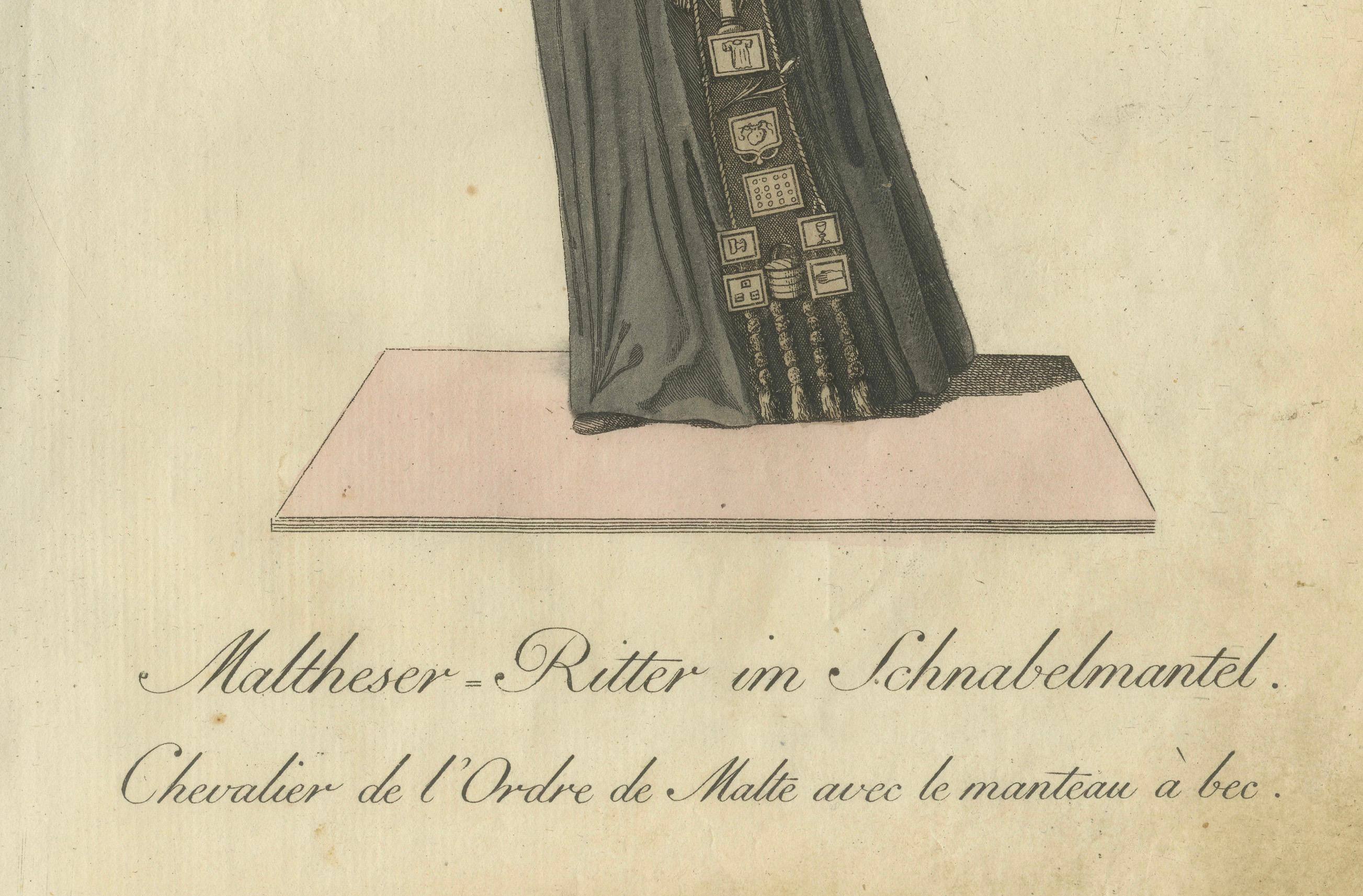 Engraved Maltese Knight in Beaked Cloak: 1791 Hand-Colored Engraving of Ceremonial Dress For Sale