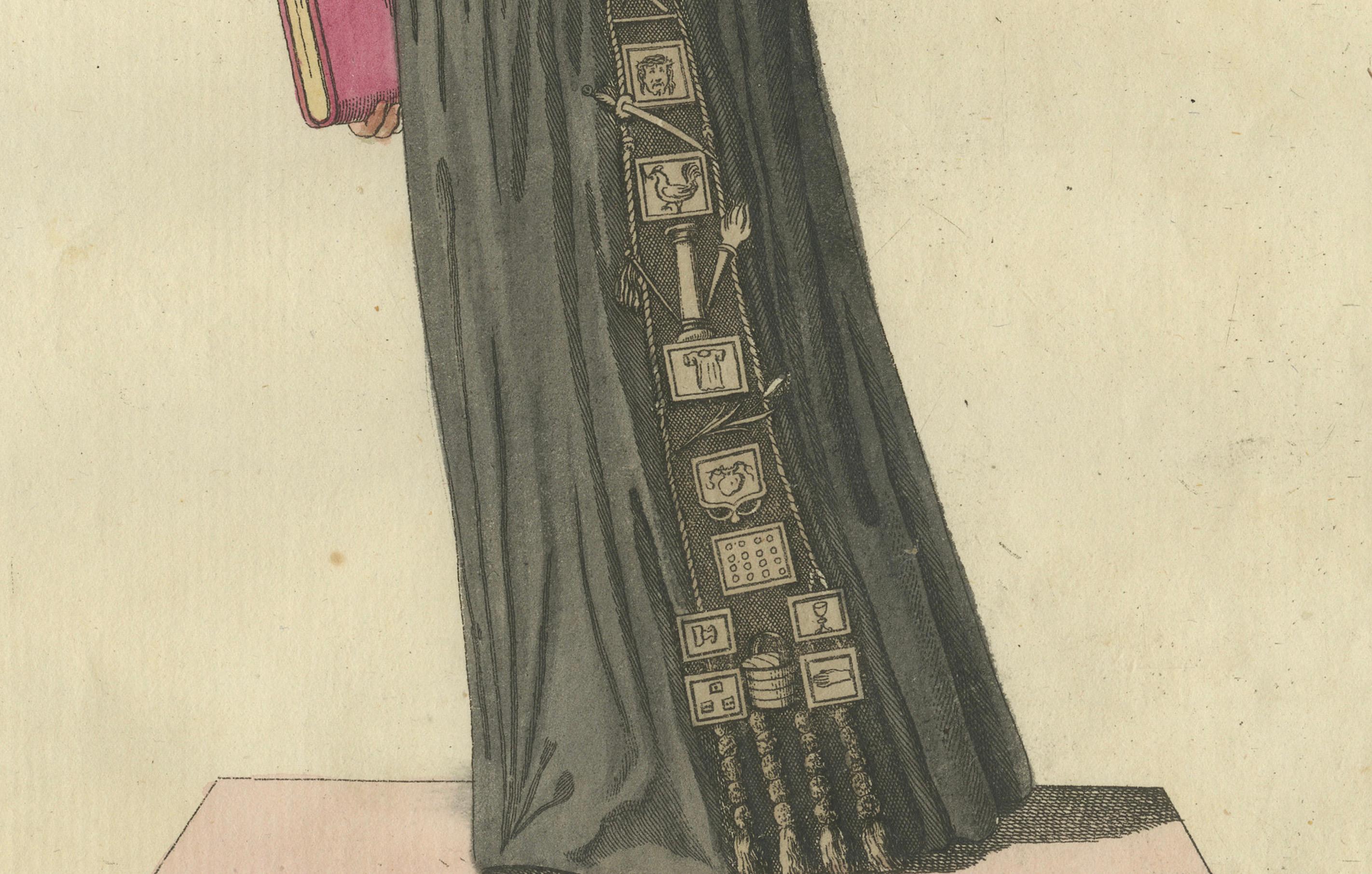 Maltese Knight in Beaked Cloak: 1791 Hand-Colored Engraving of Ceremonial Dress In Good Condition For Sale In Langweer, NL