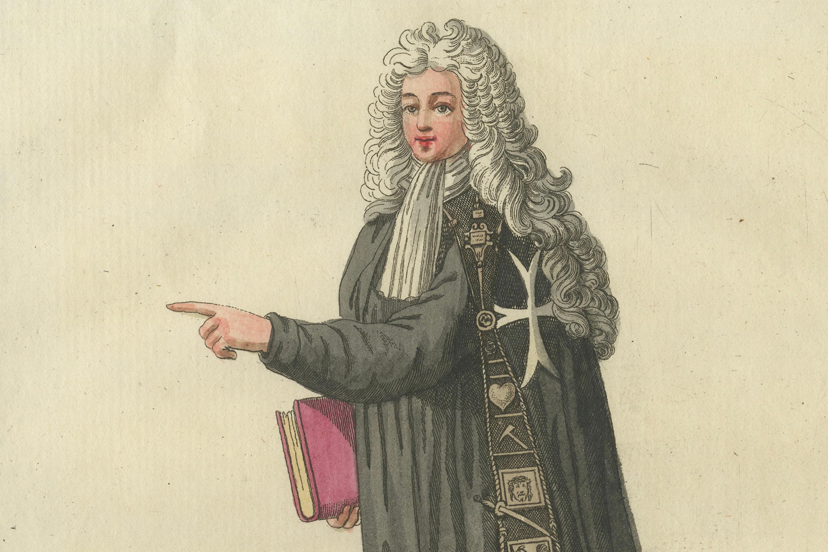 Late 18th Century Maltese Knight in Beaked Cloak: 1791 Hand-Colored Engraving of Ceremonial Dress For Sale