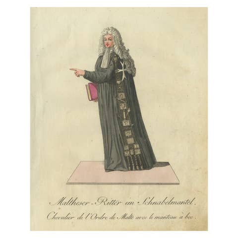 Maltese Knight in Beaked Cloak: 1791 Hand-Colored Engraving of Ceremonial Dress