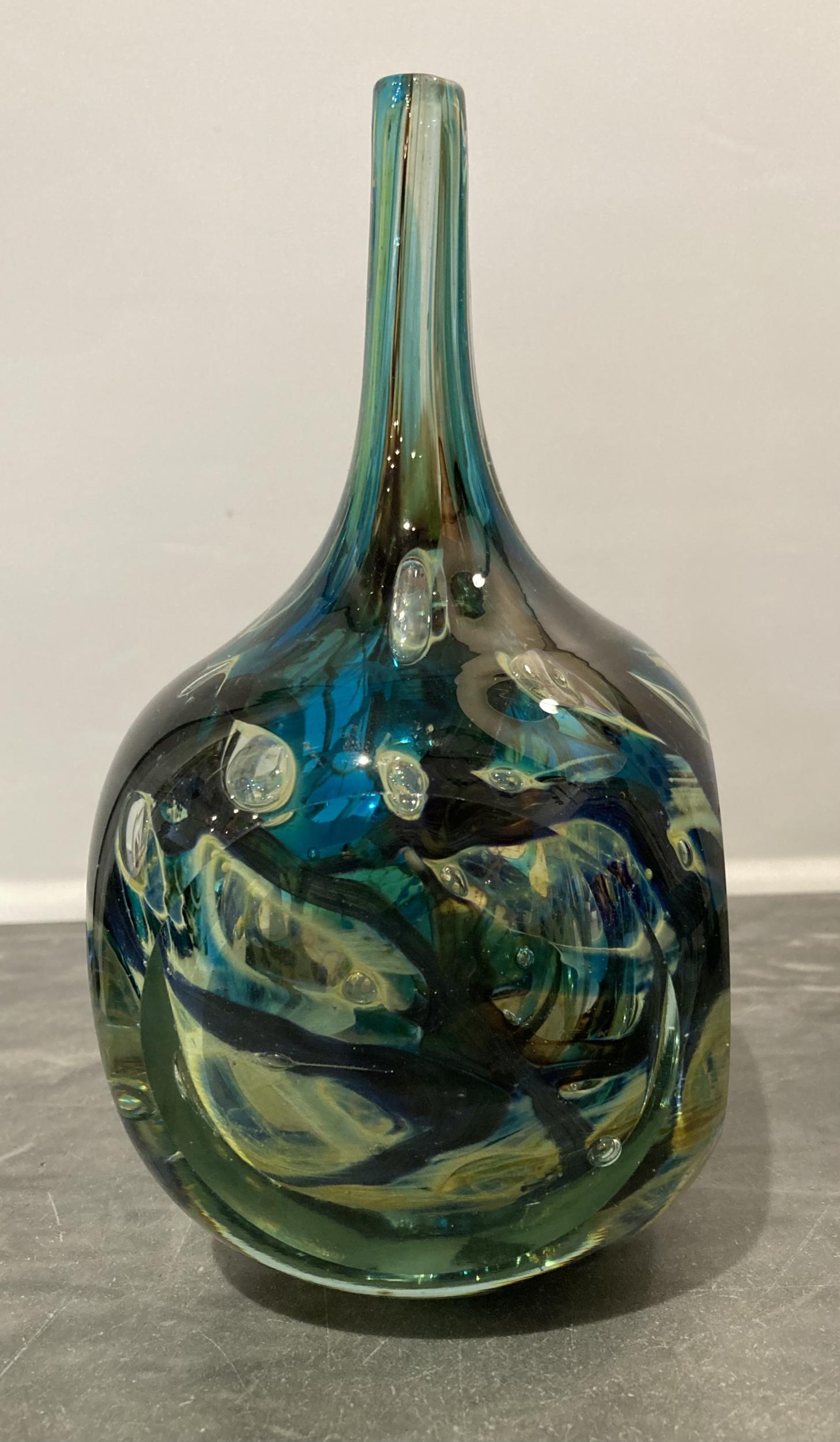 Maltese studio glass vase with unusual square shape with swirled colors of gold, turquoise, aqua and deep purple. Mdina circa 1970.