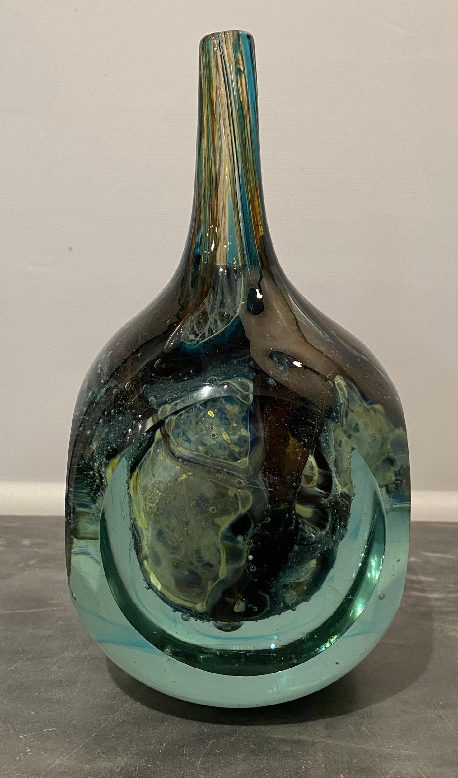 Good 1960's Maltese studio glass vase made in the Mdina glass studio of Michael Harris, the unusual form with swirling colors of blue, gold, aqua and aubergine.
 