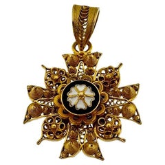 Traditional Portuguese 19kt Yellow Gold Cross with Enamel 
