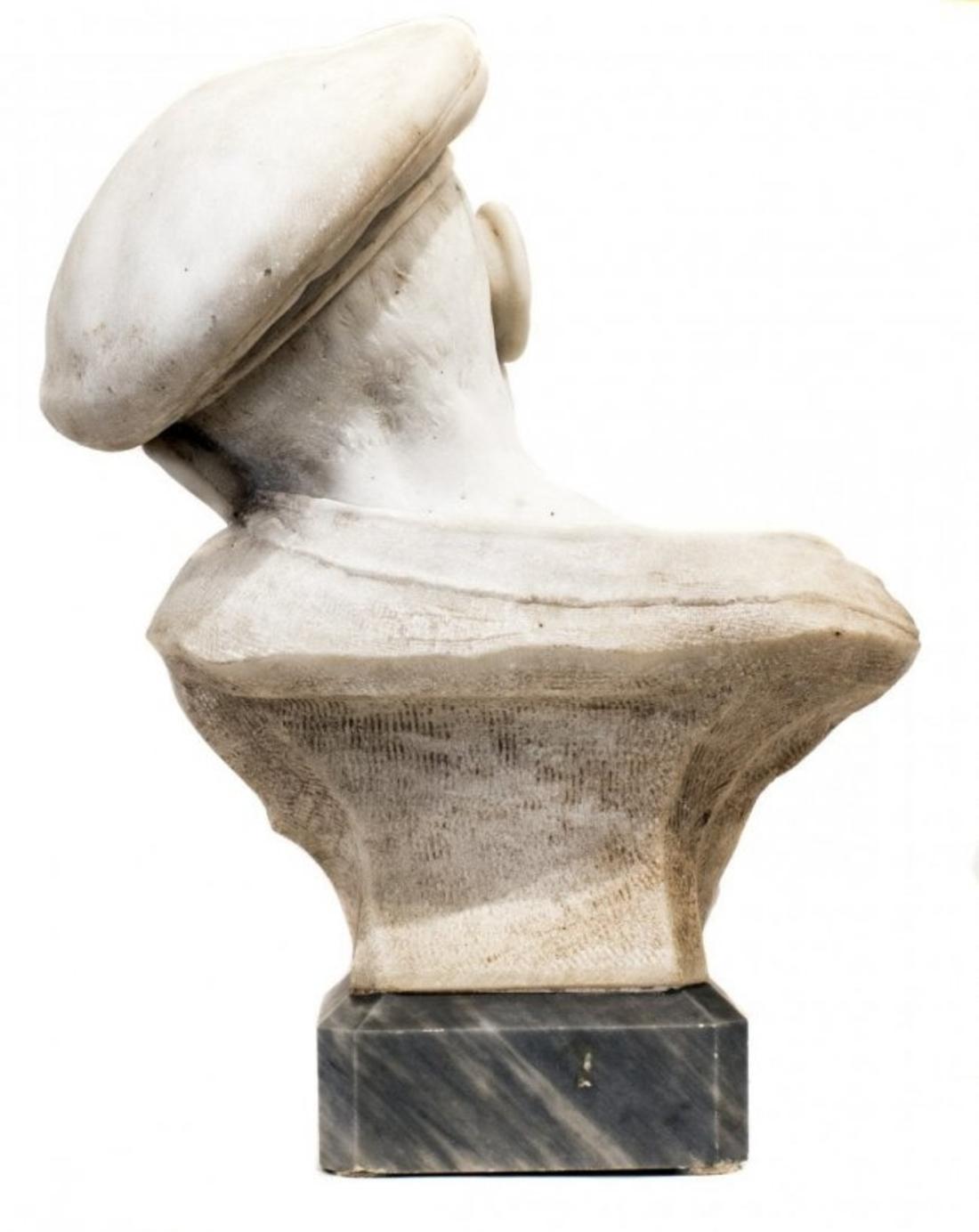 Maltoni, (Late 19th-early 20th century)
'Il Solletico' (the tickle).
Carved Carrara marble, set on a marble base
with the title IL SOLLETICO and MADE IN ITALY to the underside of the base,
the bust signed Martoni.
Measures: 18.5
