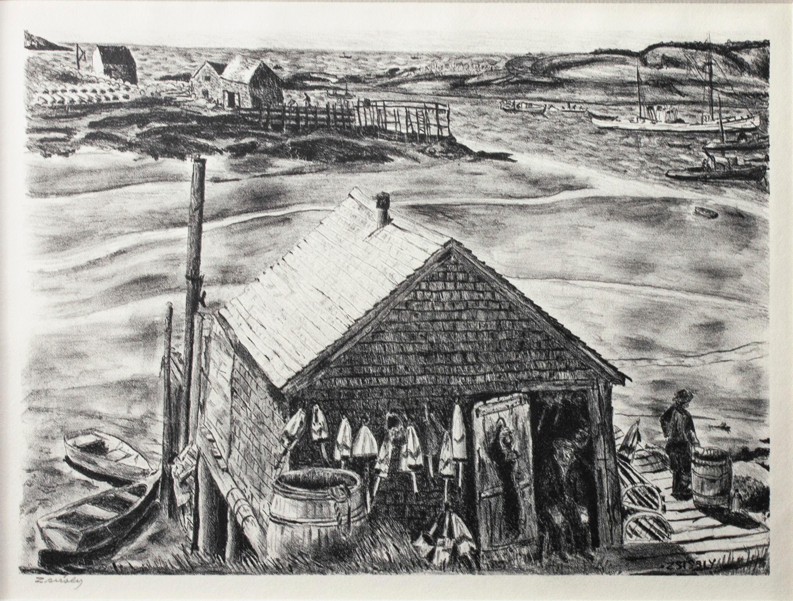 Originallithographie „Lobsterman's Wharf, Maine“, signiert von „Zsissly“ Albright – Print von Malvin Marr Albright