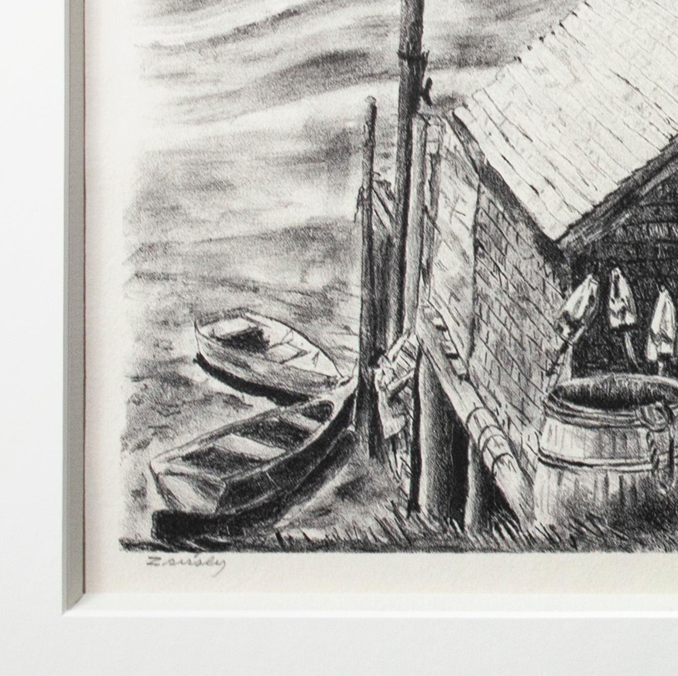 Originallithographie „Lobsterman's Wharf, Maine“, signiert von „Zsissly“ Albright (Grau), Still-Life Print, von Malvin Marr Albright
