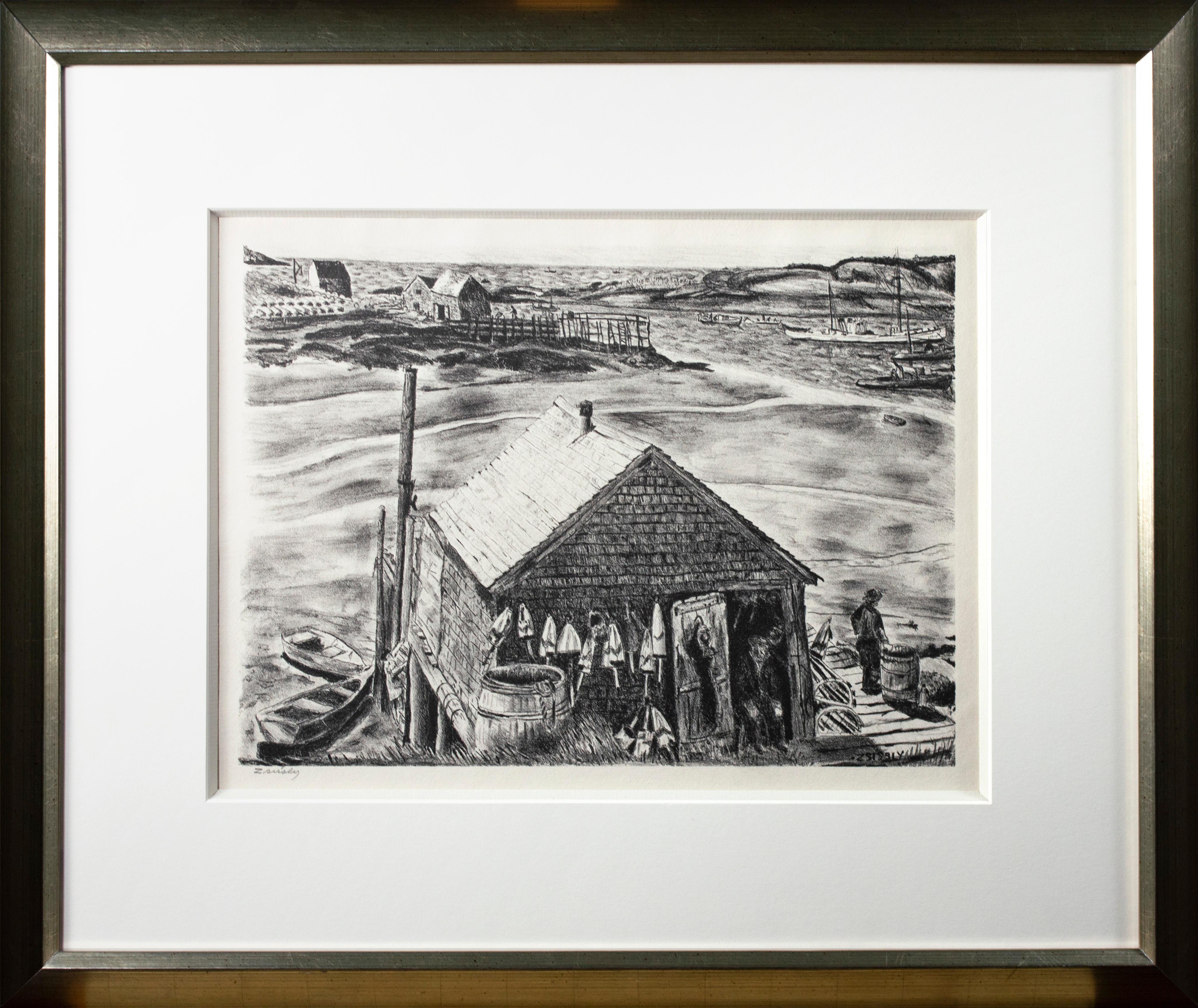 Still-Life Print Malvin Marr Albright - Lithographie originale de "Lobsterman's Wharf, Maine", signée par "Zsissly" Albright