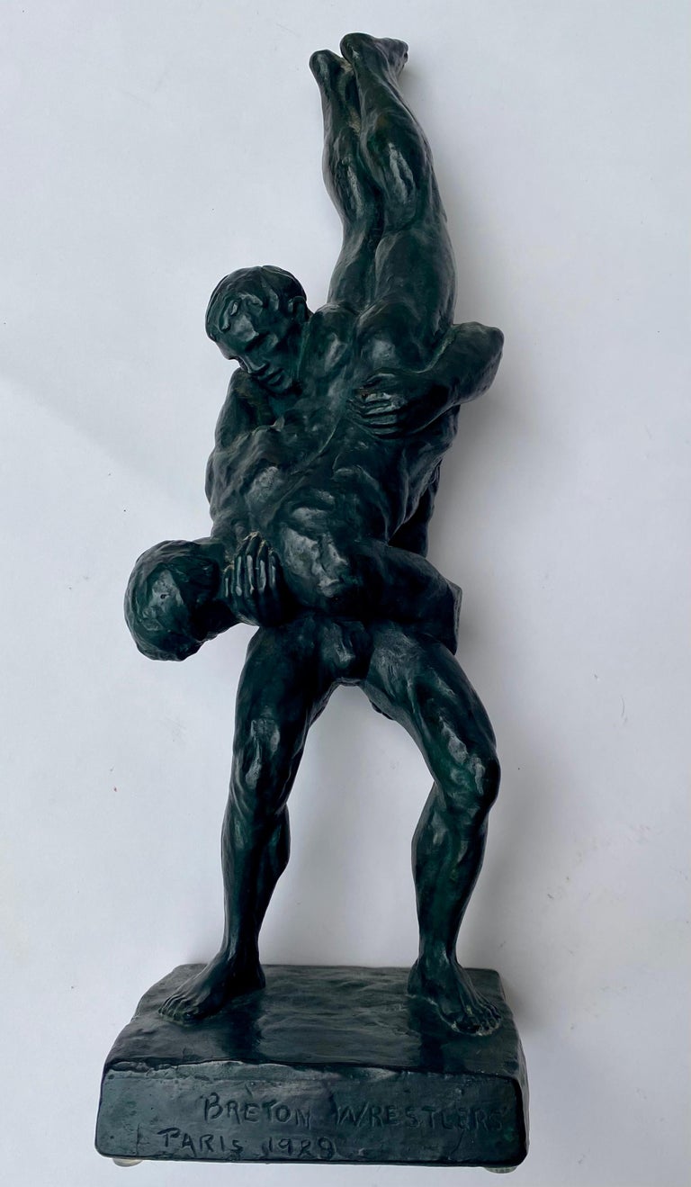 Breton Wrestlers Bronze Figurative Modern Male Sculpture Female Artist LGBT WPA - Gold Nude Sculpture by Malvina Hoffman