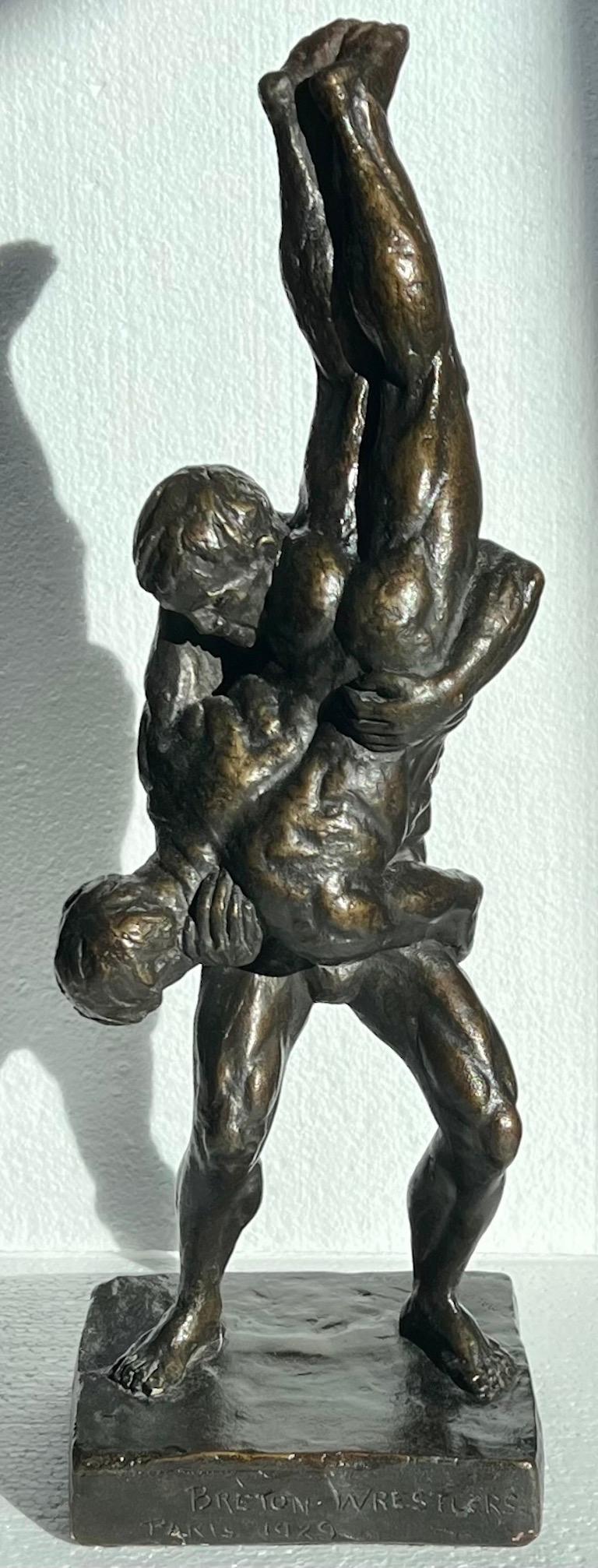 Breton Wrestlers Plaster Figurative Modern Male Sculpture Female Artist LGBT WPA - Gray Figurative Sculpture by Malvina Hoffman