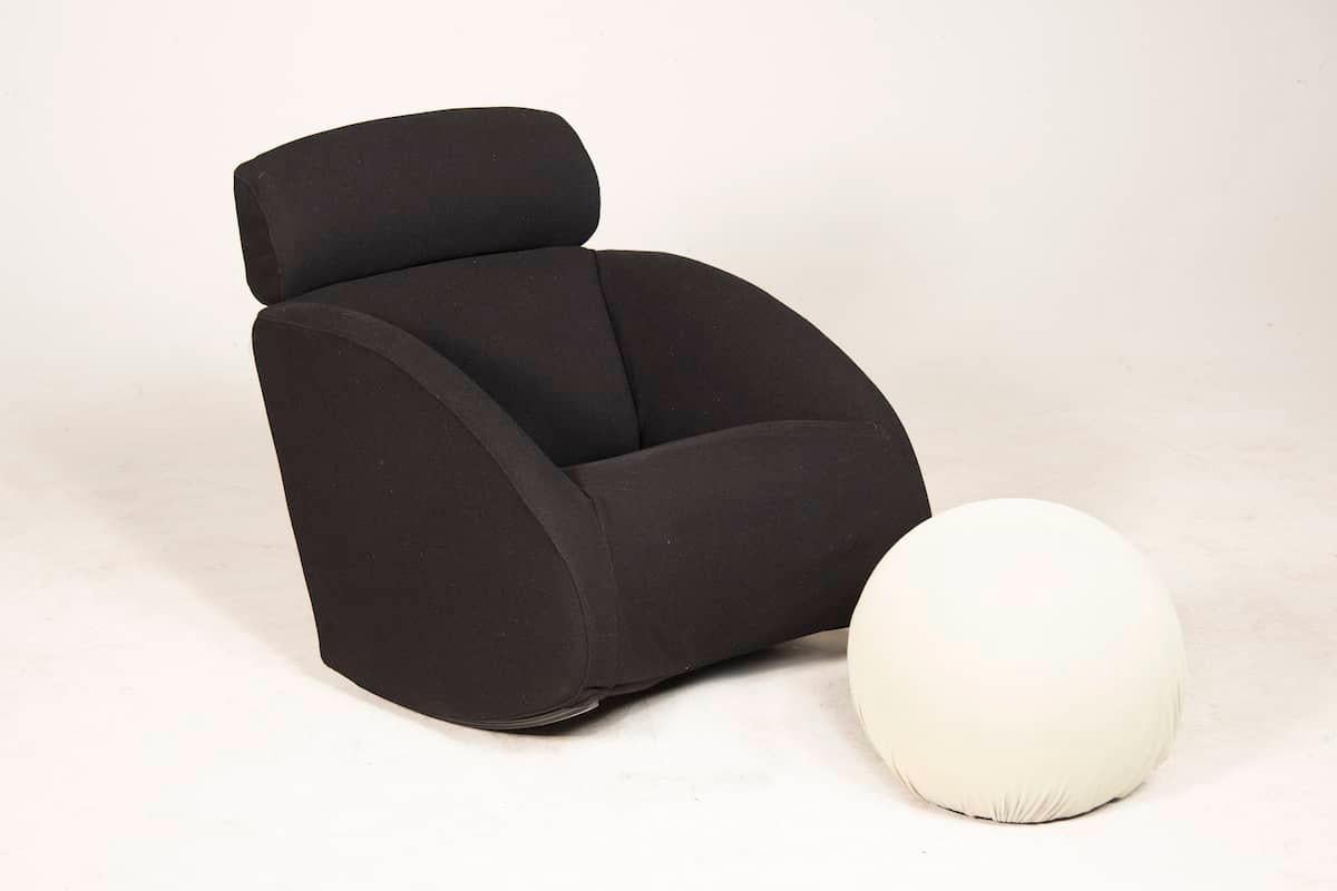Black rocking armchair and 50cm diameter pouf. 

Made in Italy by Mama Baleri.
