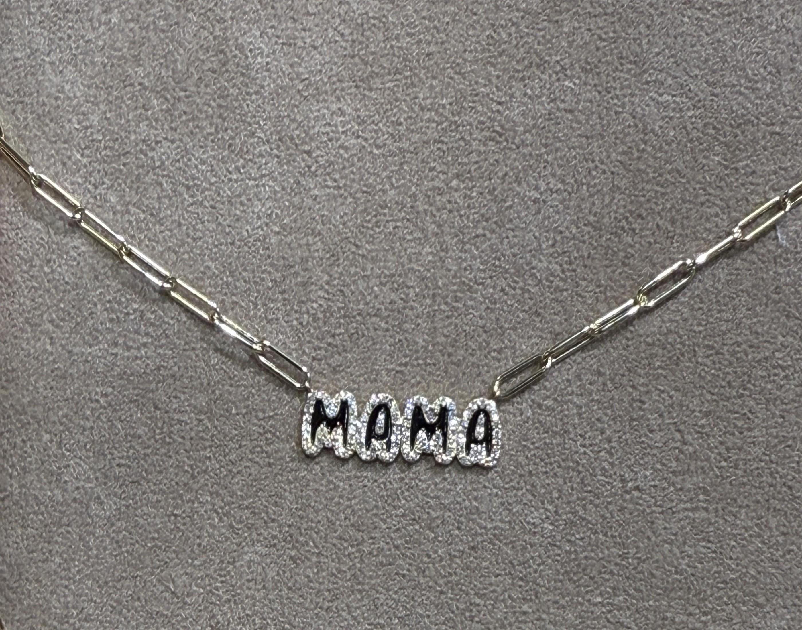Pendentif Lettre MAMA Collier Chaîne Paperclip en or blanc 14K avec diamants
