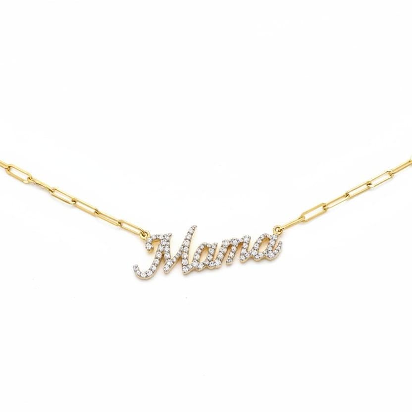 Collier Mama Script en or jaune 14K (ou 18k sur demande) avec pendentif diamant pavé Neuf - En vente à Los Angeles, CA