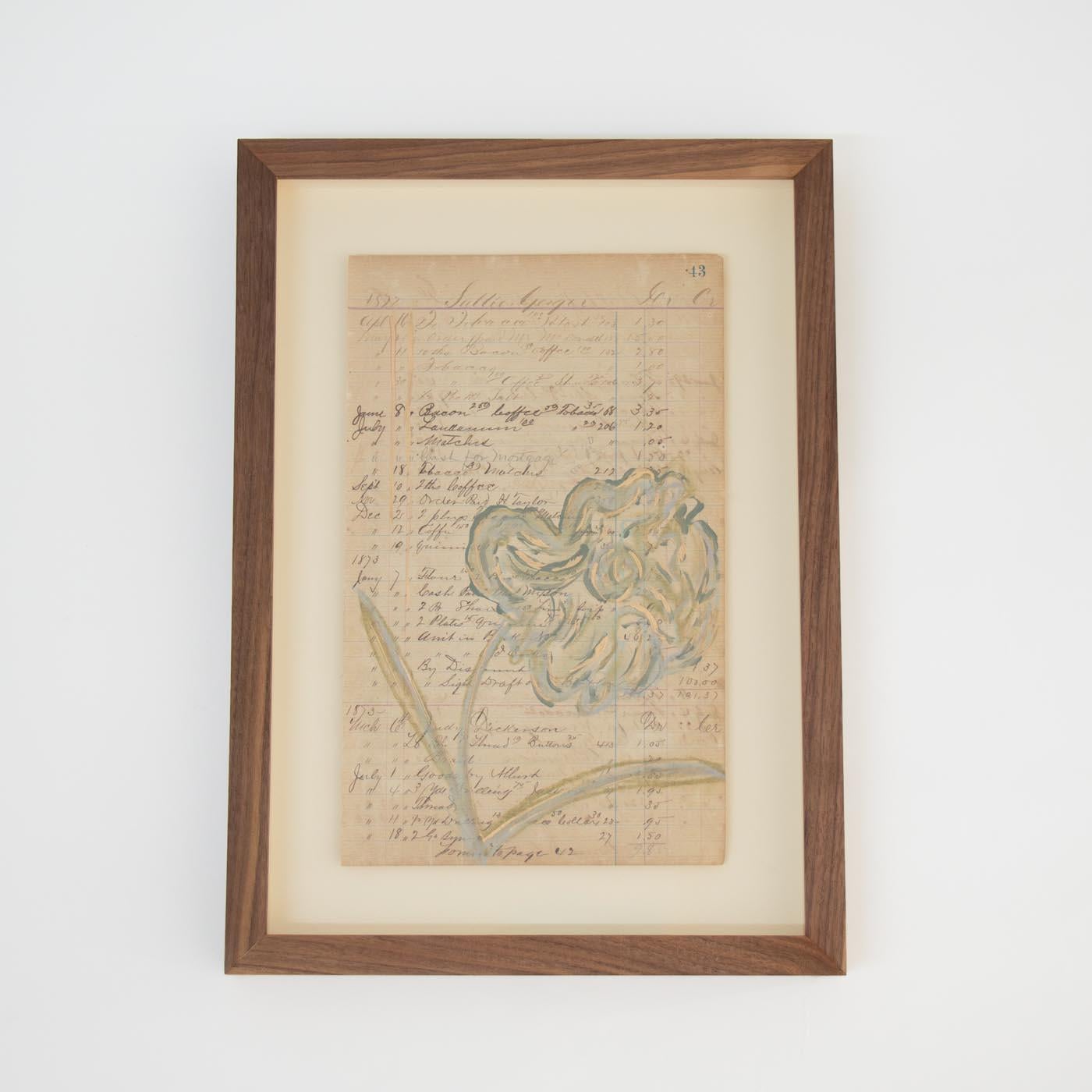 Bellissimo dipinto in acrilico su carta del 1800 dell'artista contemporaneo Afsoon Thayer. Motivo floreale dipinto con colori Farrow and Ball, pastello e foglia d'oro su un registro di un negozio generale inglese del 1800. Ogni pezzo è unico e