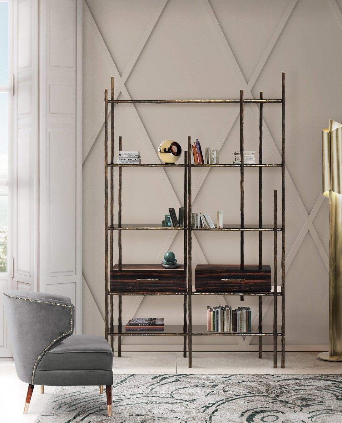 Mambu Bookcase in Brushed Brass with Smoked Glass Detail For Sale 5