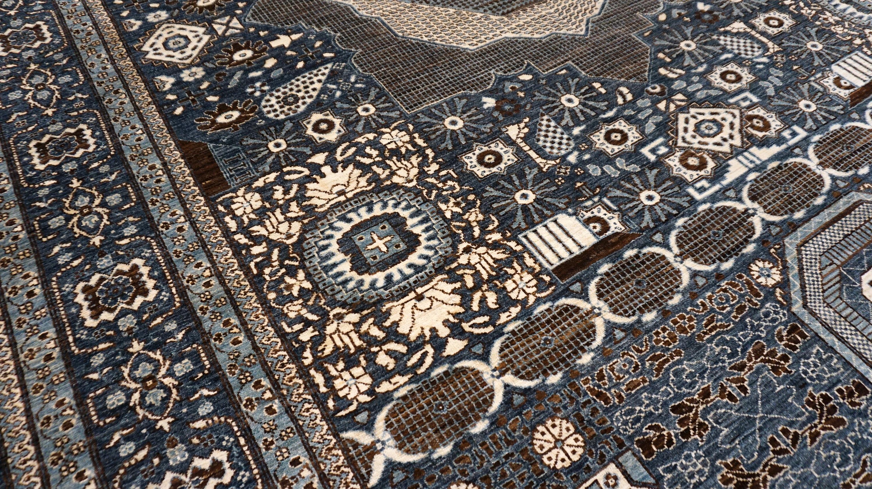 Vittoriano Tappeto in lana blu e marrone con motivo Mamluke 10'x14' in vendita