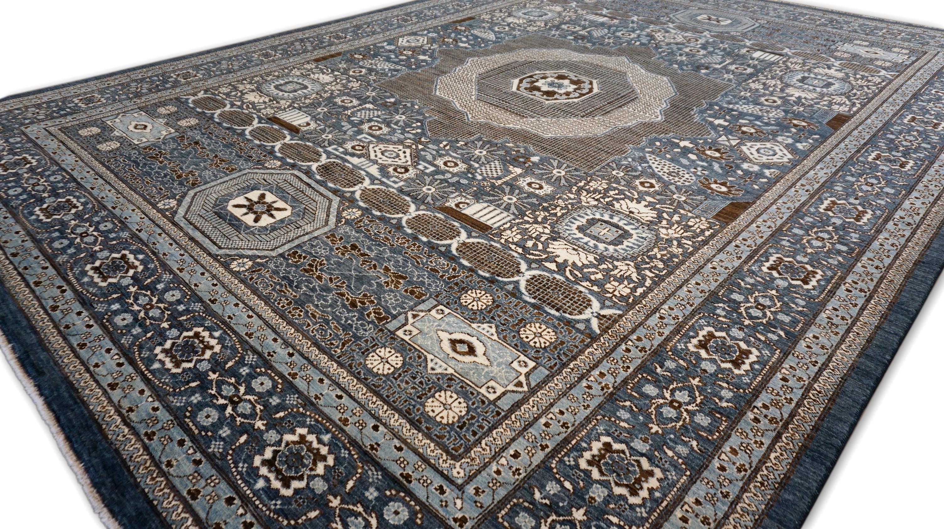 Pakistano Tappeto in lana blu e marrone con motivo Mamluke 10'x14' in vendita
