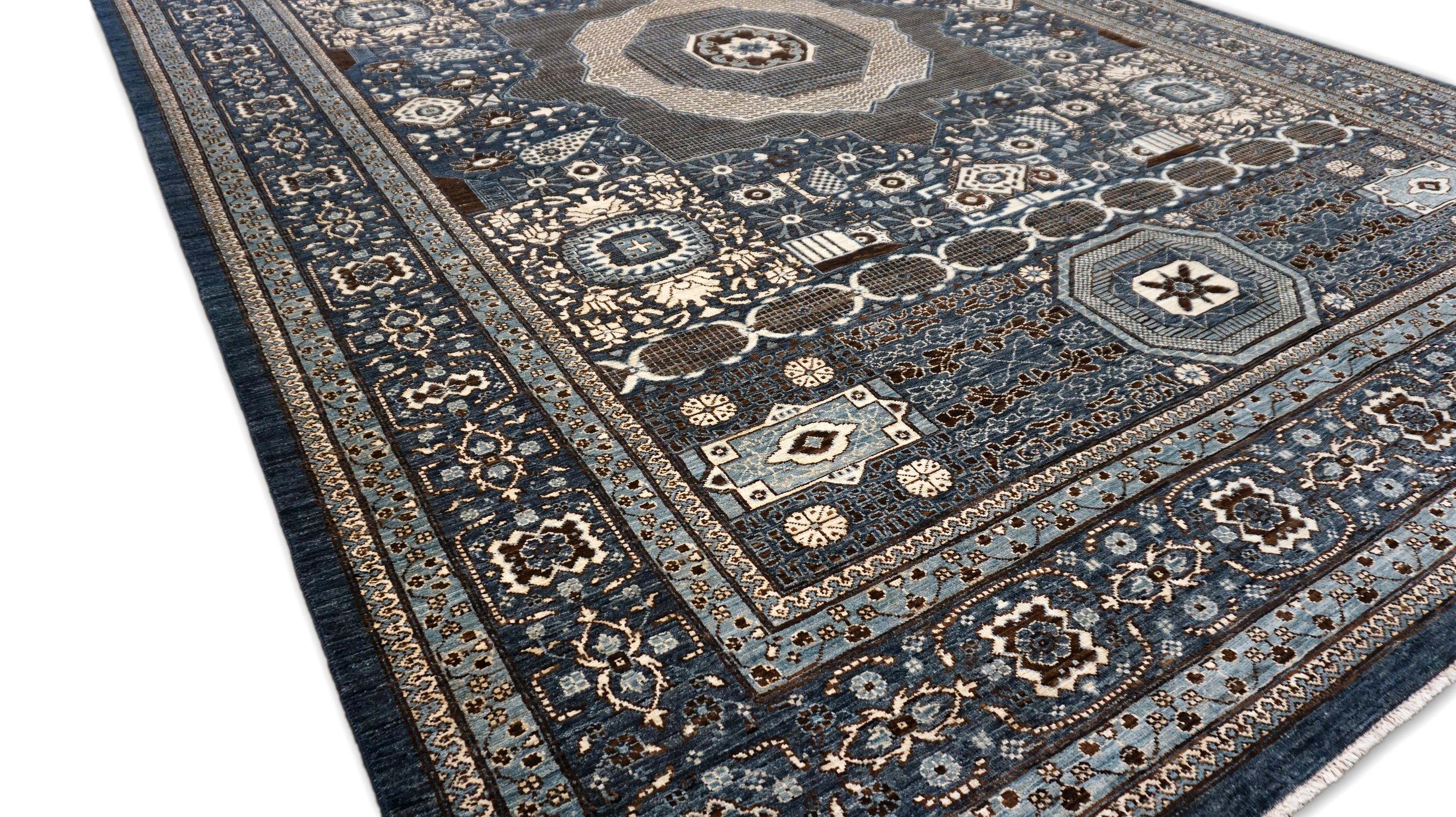 Annodato a mano Tappeto in lana blu e marrone con motivo Mamluke 10'x14' in vendita
